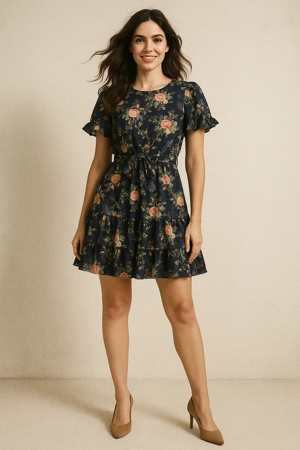 Colourful Roses With Multicolour Branch Digital Printed Fabric - Poly Muslin