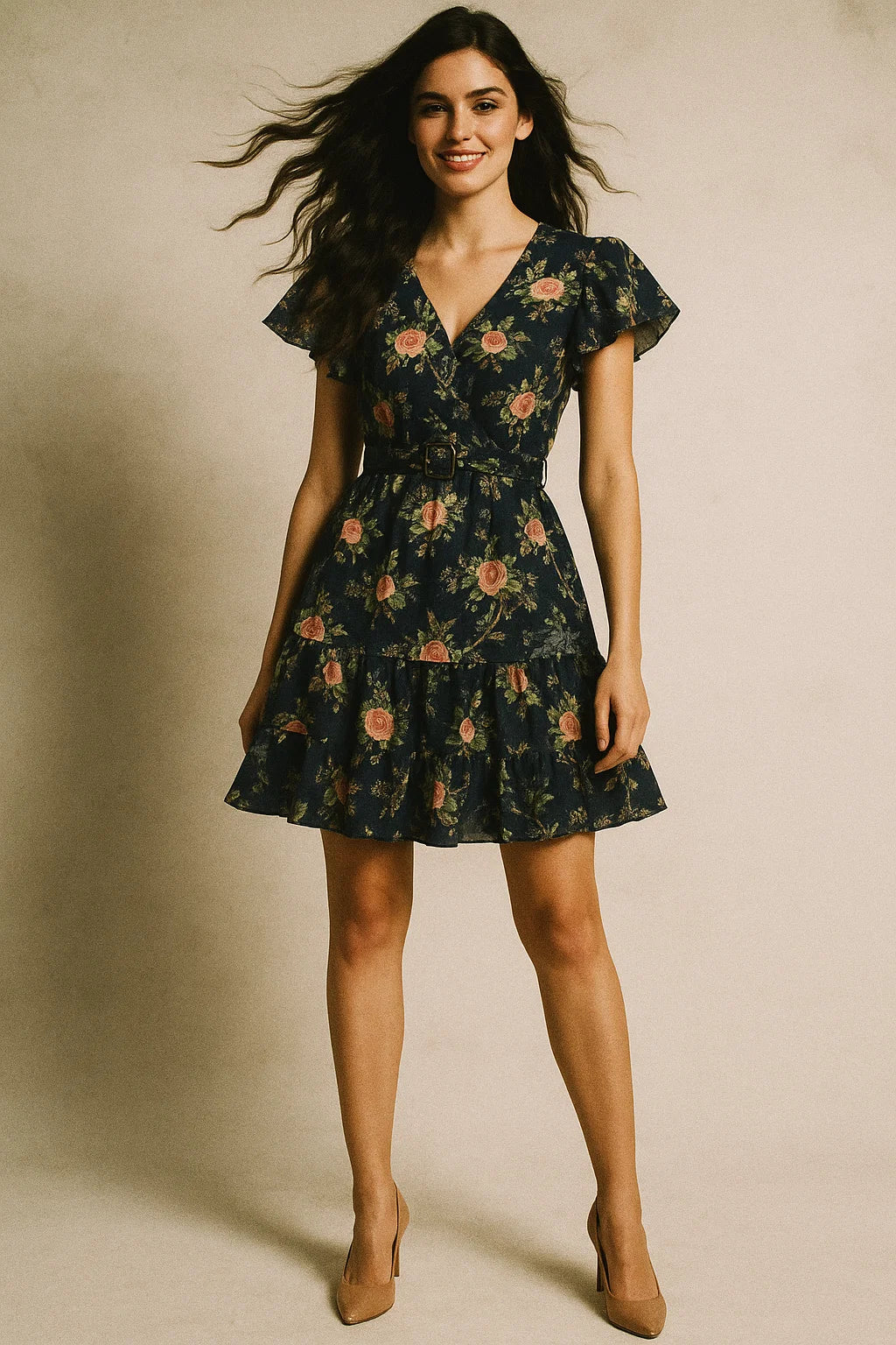 Colourful Roses With Multicolour Branch Digital Printed Fabric - Poly Muslin