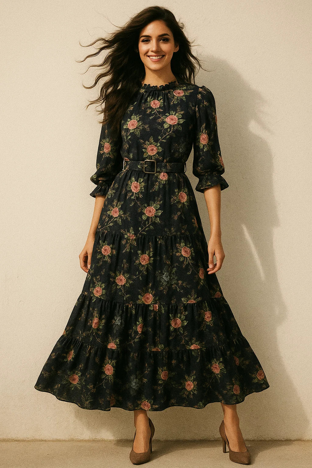 Colourful Roses With Multicolour Branch Digital Printed Fabric - Poly Muslin