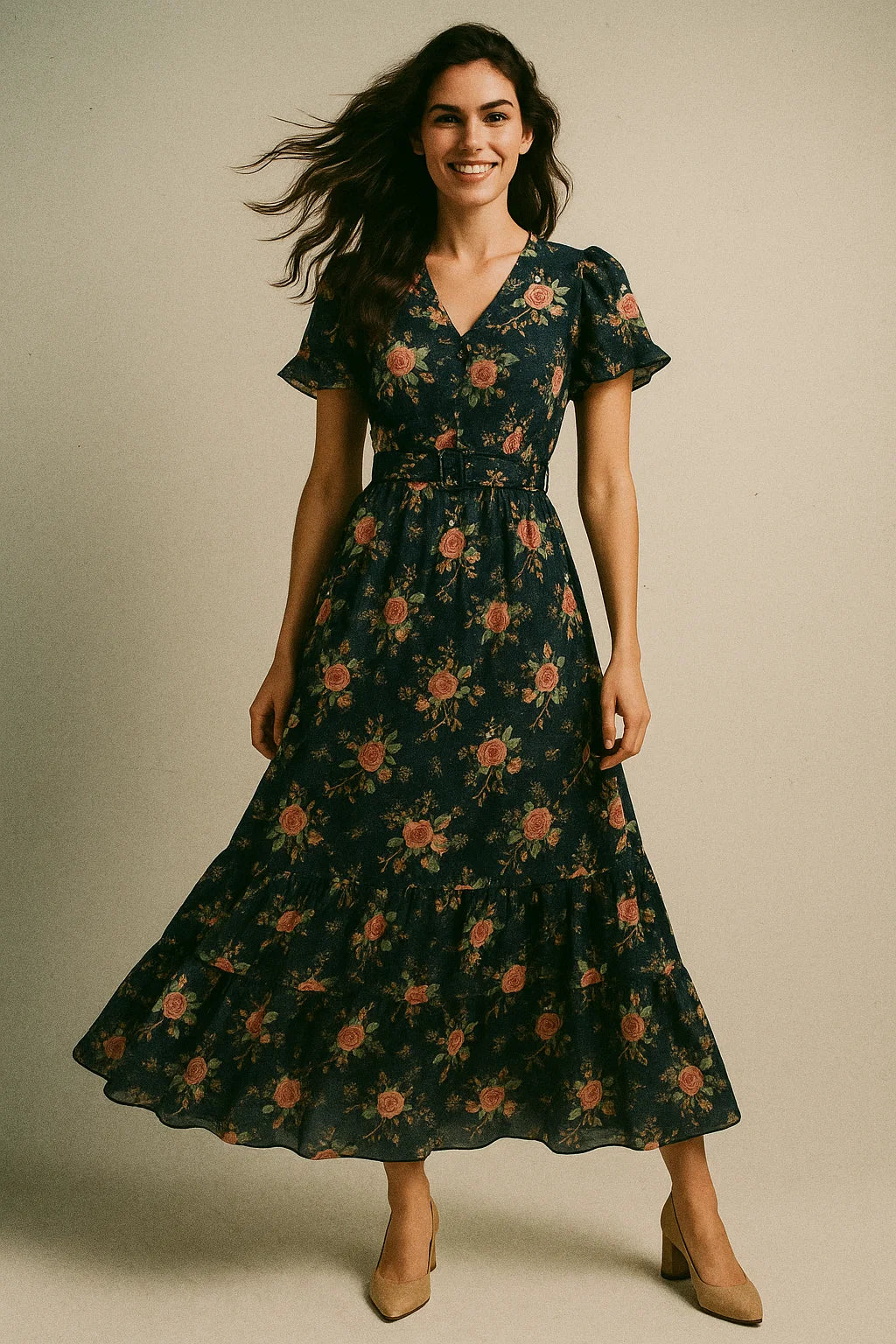 Colourful Roses With Multicolour Branch Digital Printed Fabric - Poly Muslin