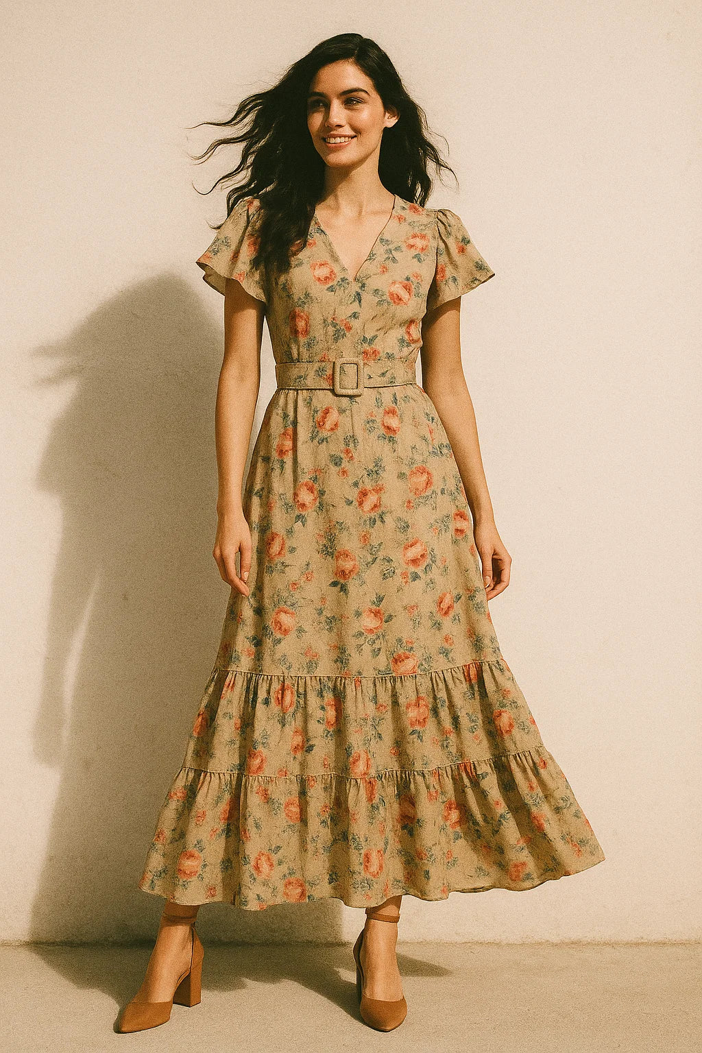 Blooming Orange Roses With Purple Floral Digital Printed Fabric - Poly Muslin