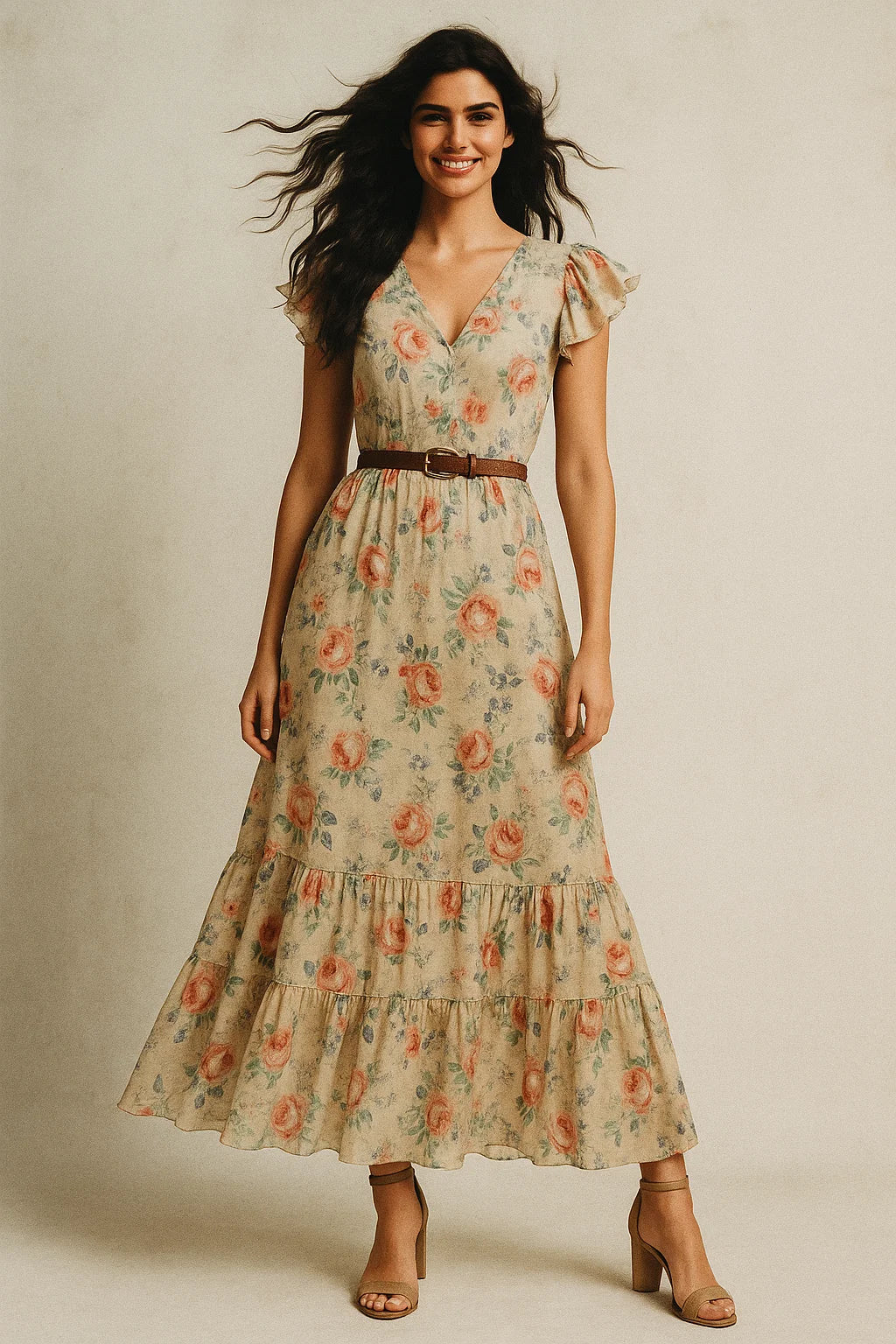 Blooming Orange Roses With Purple Floral Digital Printed Fabric - Poly Muslin