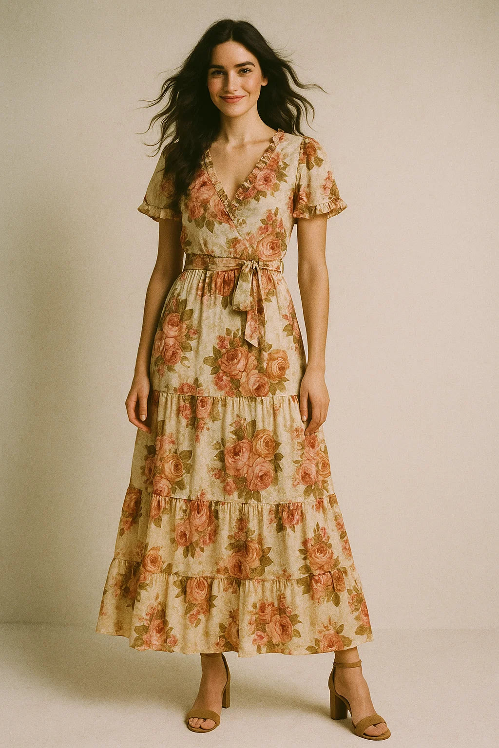 Beautiful Floral Golden Roses With Shiny Digital Printed Fabric - Poly Muslin