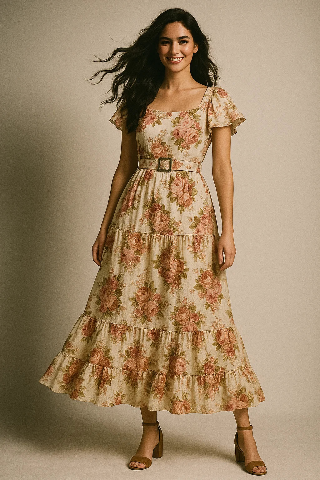 Beautiful Floral Golden Roses With Shiny Digital Printed Fabric - Poly Muslin