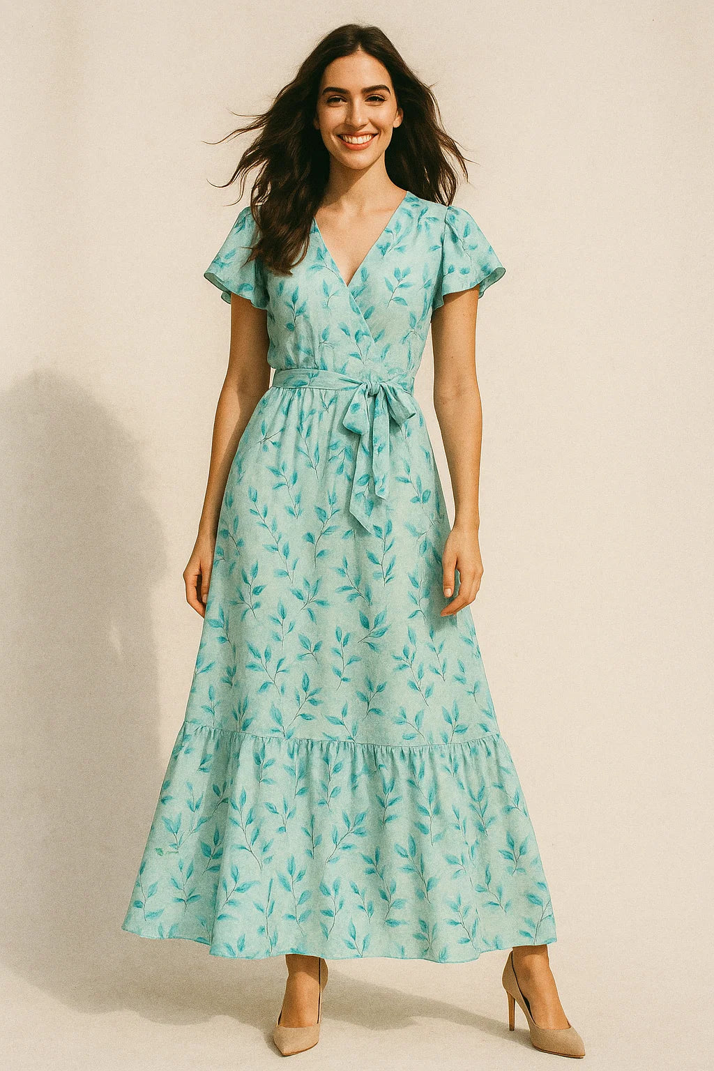 Attractive Sky Blue Leaves Digital Printed Fabric - Poly Muslin