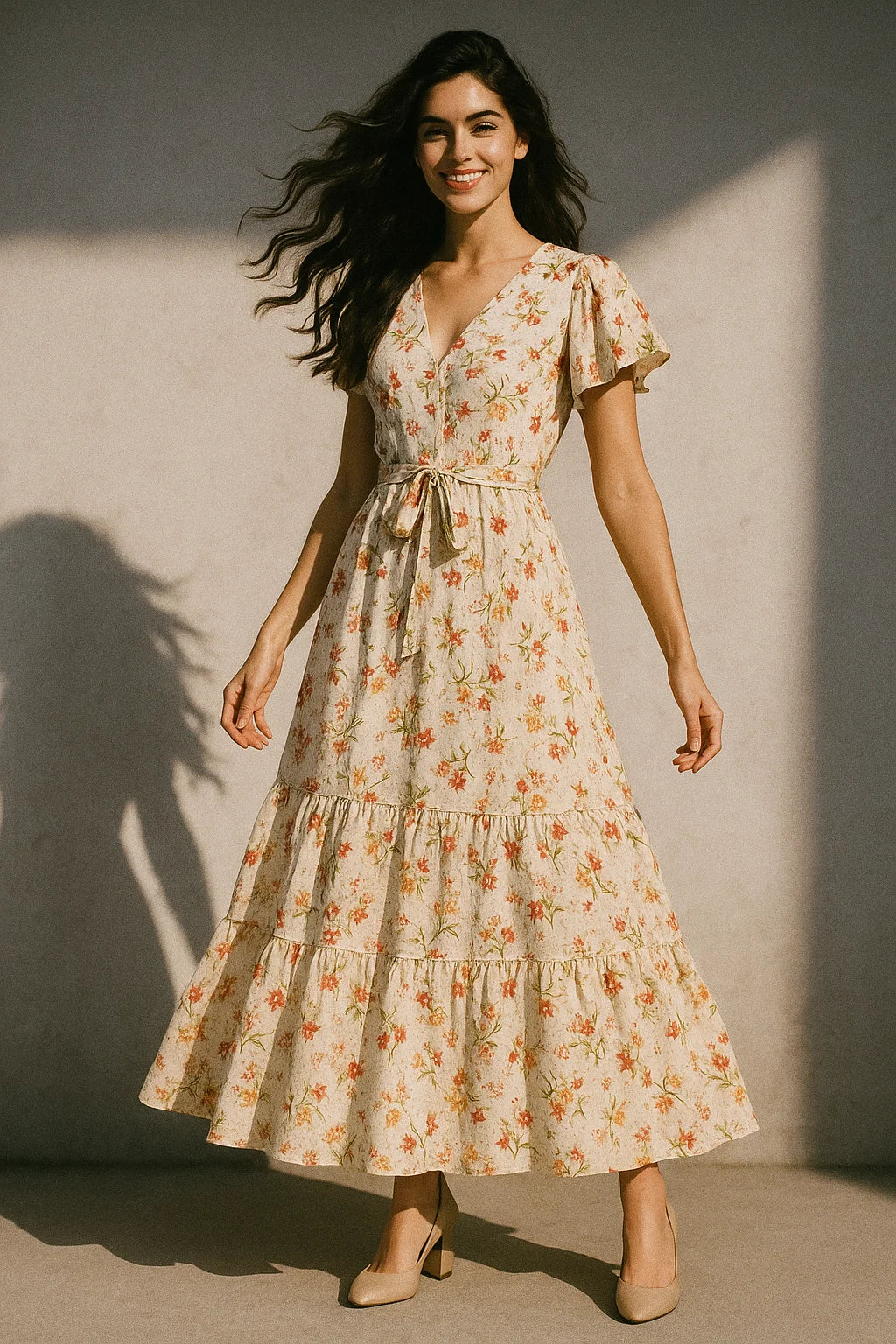 Beautiful Peach Calico Flowed Digital Printed Fabric - Poly Muslin