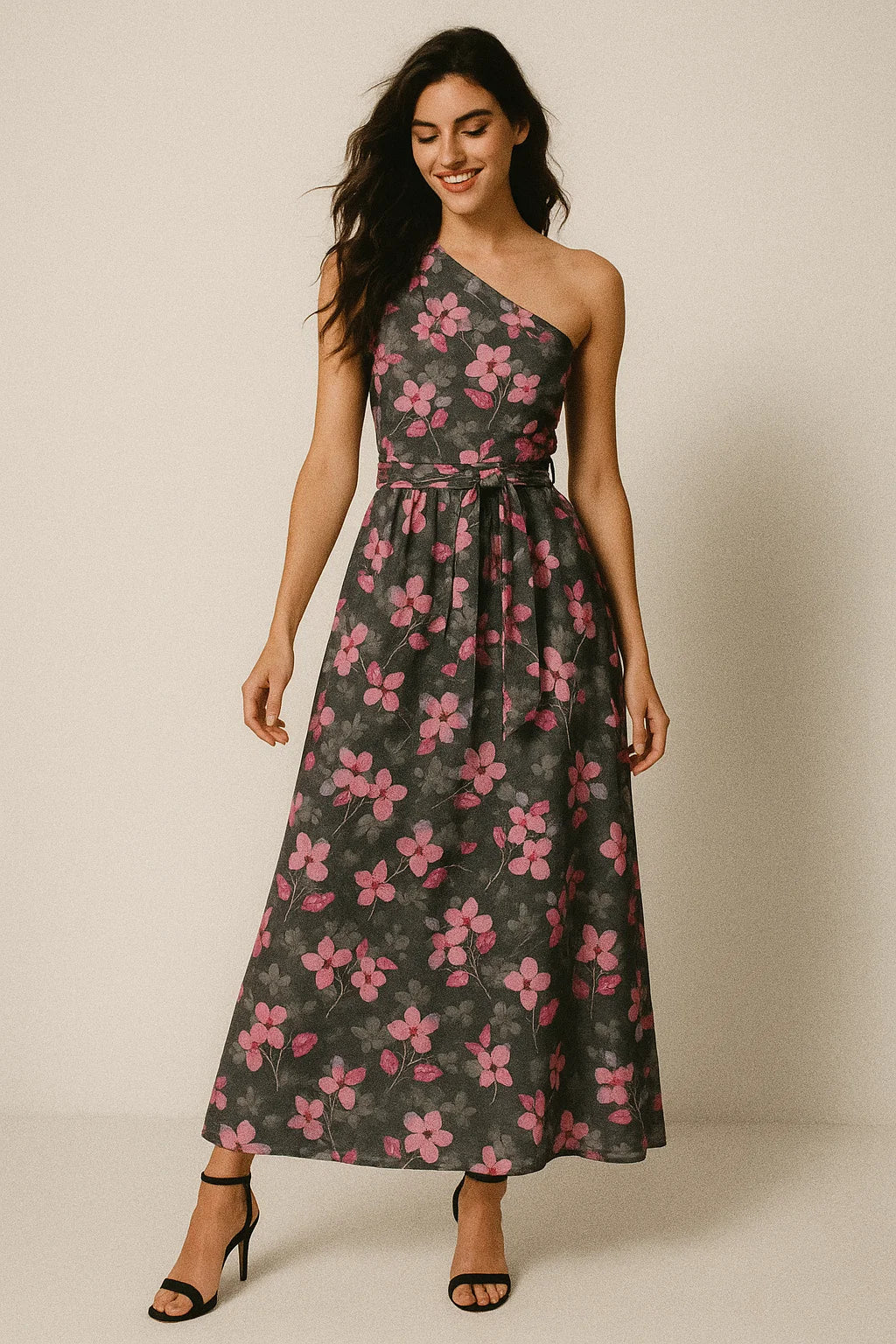 Pink Orchid Flower With Grey Background Digital Printed Fabric - Poly Muslin