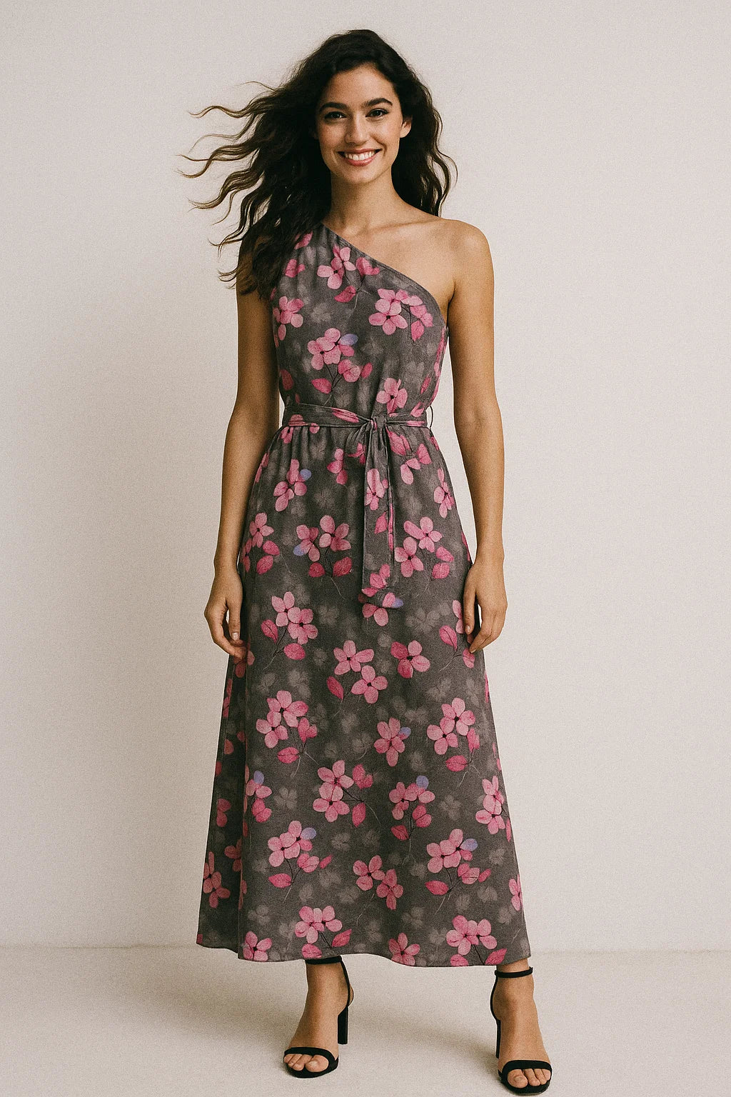 Pink Orchid Flower With Grey Background Digital Printed Fabric - Poly Muslin