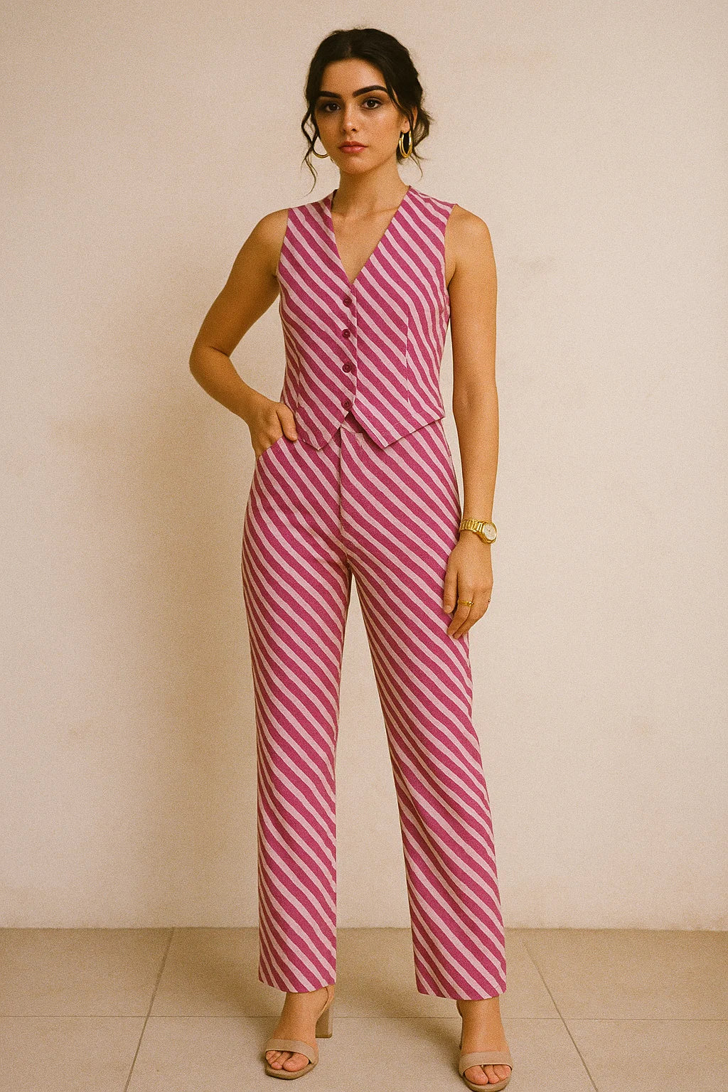 Pink Breton Stripes Pattern Digital Printed Fabric - Muslin