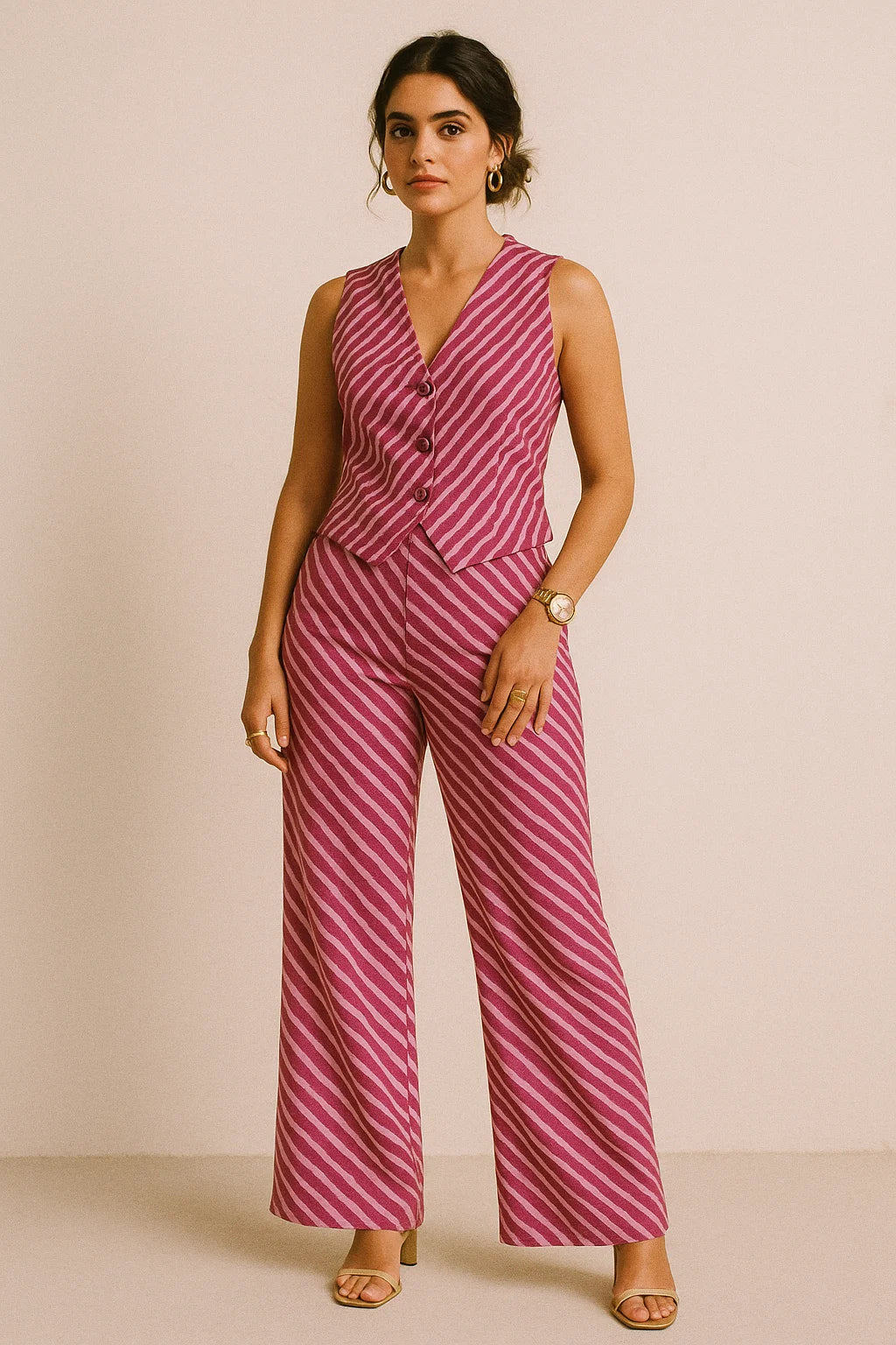 Pink Breton Stripes Pattern Digital Printed Fabric - Muslin