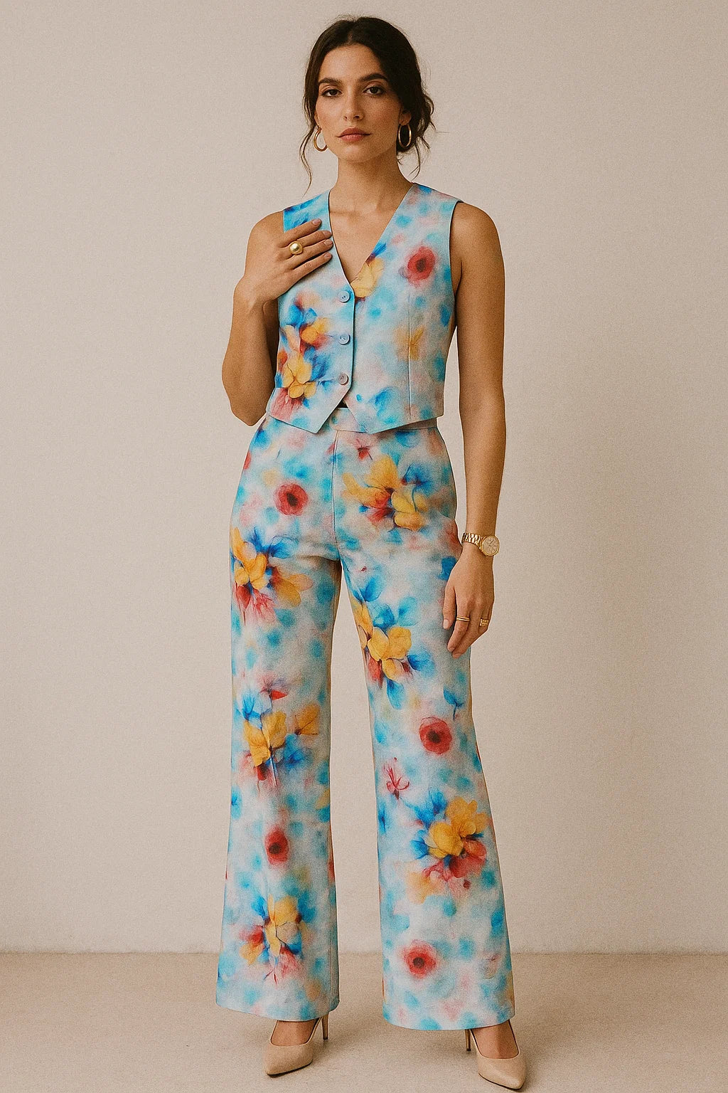 Rainbow Colourful Tulip Roses Digital Printed Fabric - Muslin