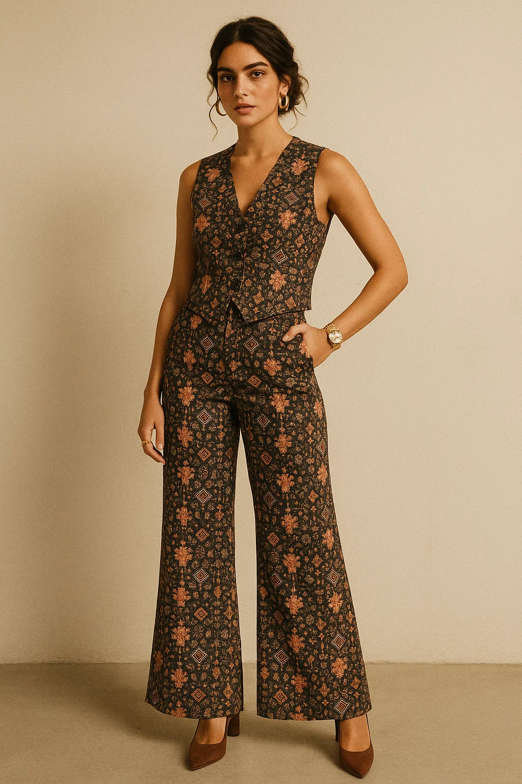 Metallese Seamless Leafs Patterns Digital Printed Fabric - Muslin