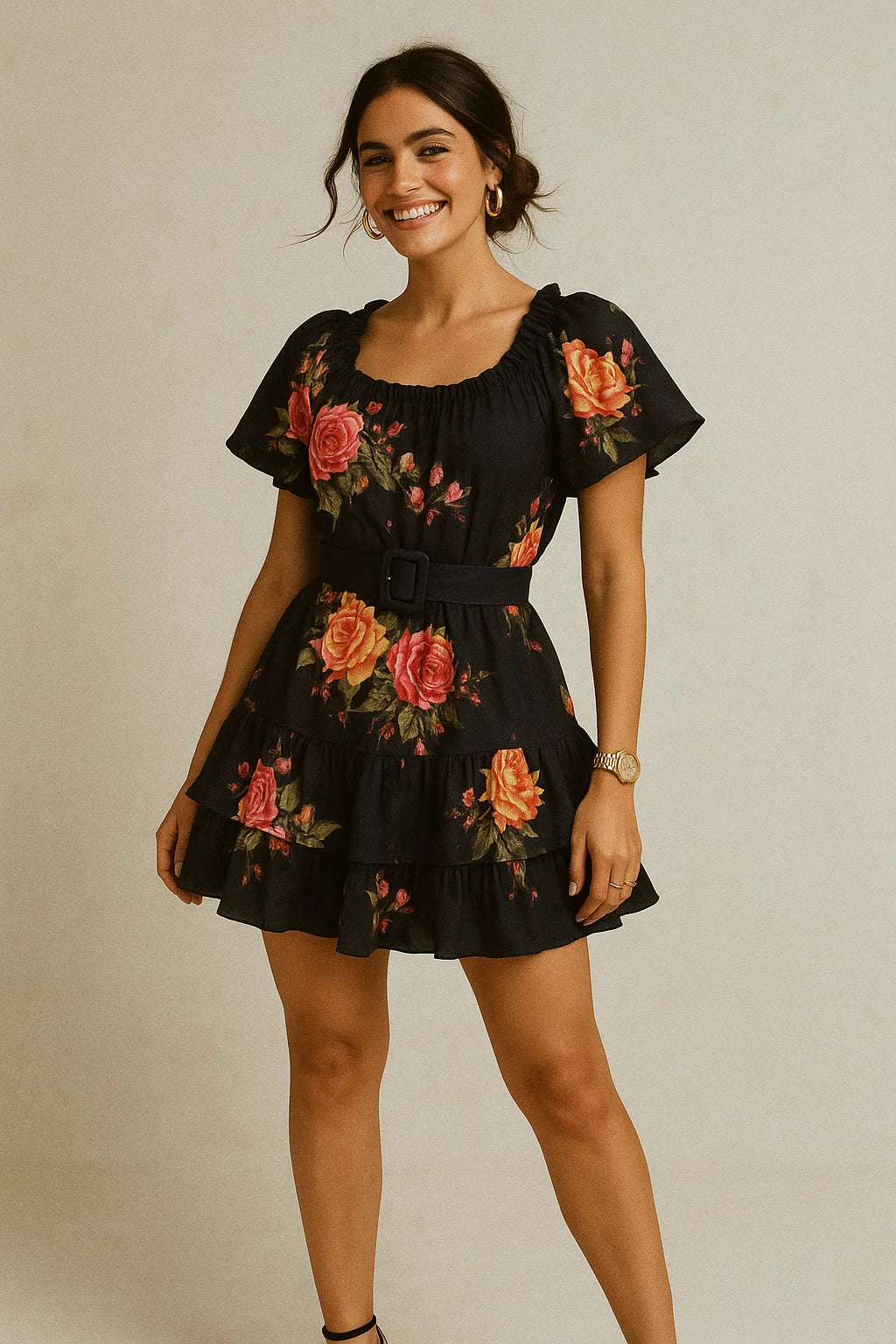 Dominant Yellow And Red Rose Digital Printed Fabric - Muslin