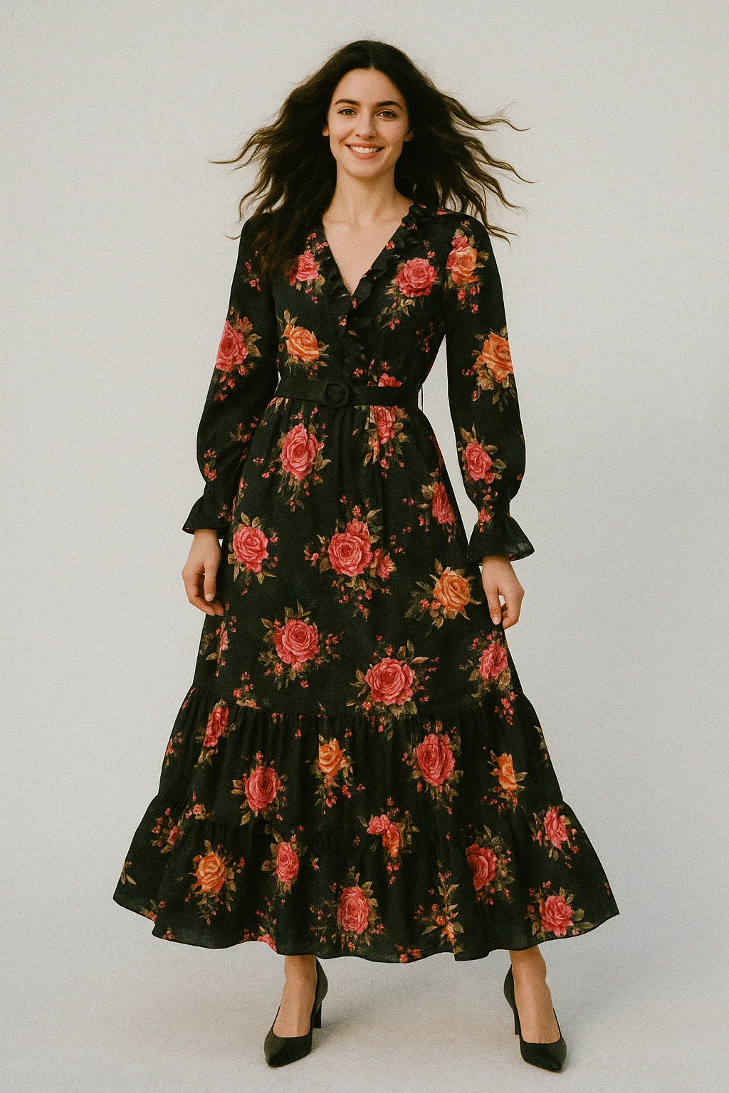 Dominant Yellow And Red Rose Digital Printed Fabric - Muslin