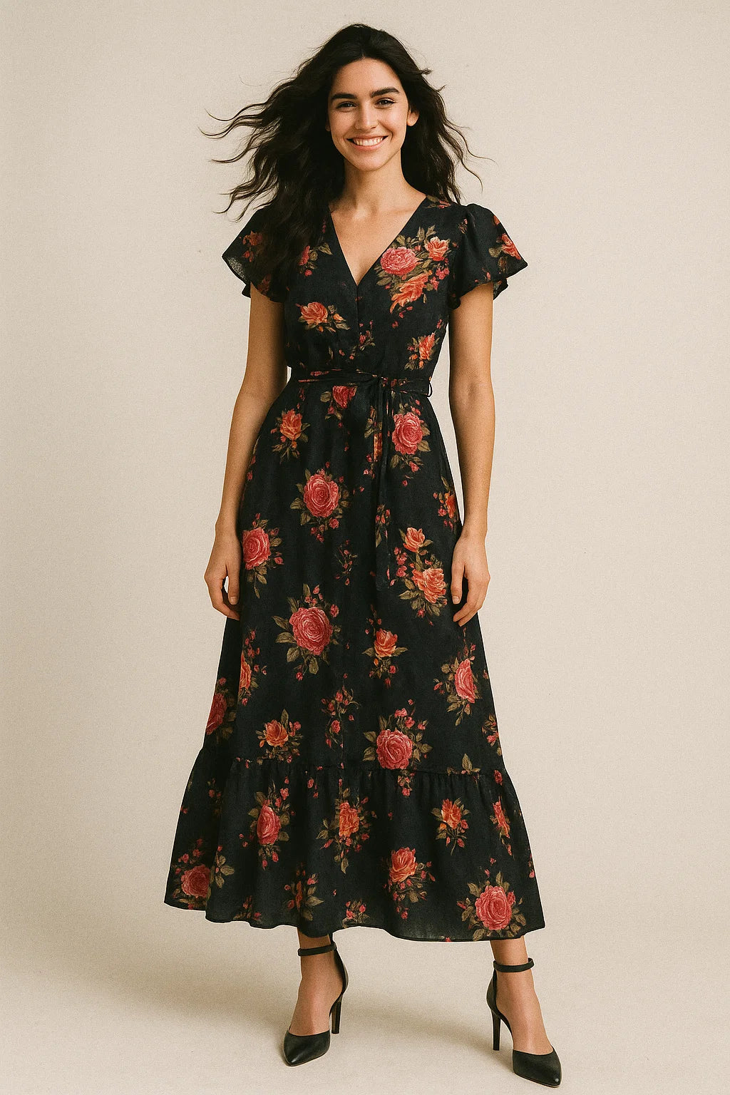 Dominant Yellow And Red Rose Digital Printed Fabric - Muslin