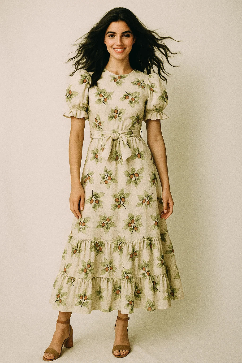 Colico Bunch Green With Orange Seads Digital Printed Fabric - Muslin