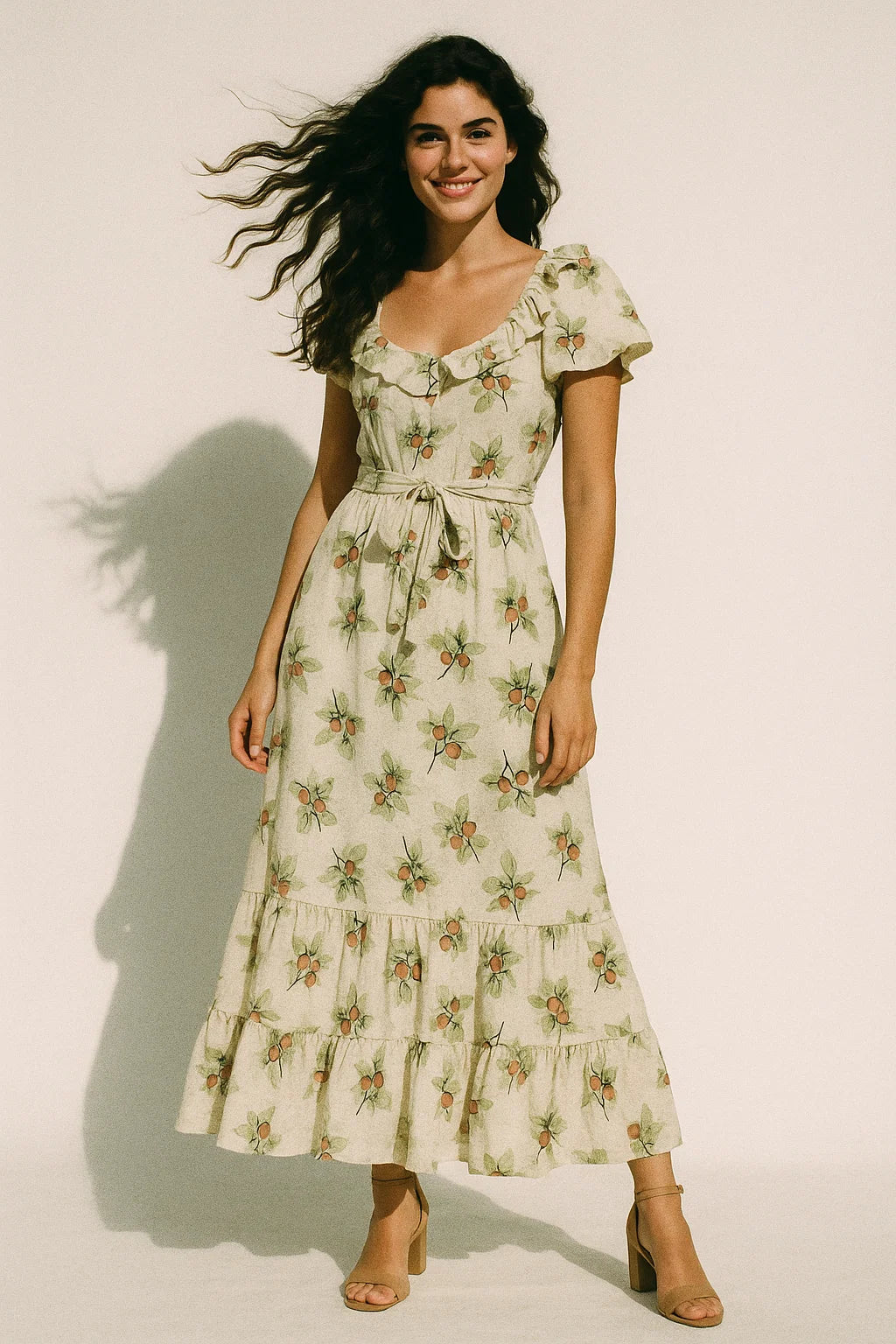 Colico Bunch Green With Orange Seads Digital Printed Fabric - Muslin