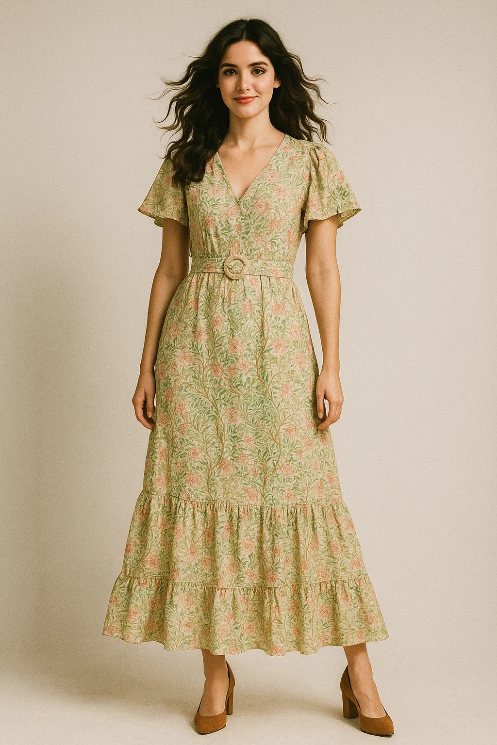 Western Flowers Small Leaves Digital Printed Fabric - Muslin