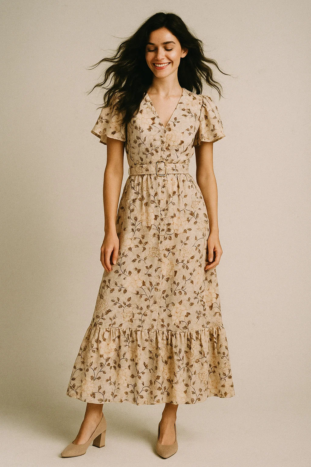 Grayish Orange Roses With Brown Valley Digital Printed Fabric - Muslin