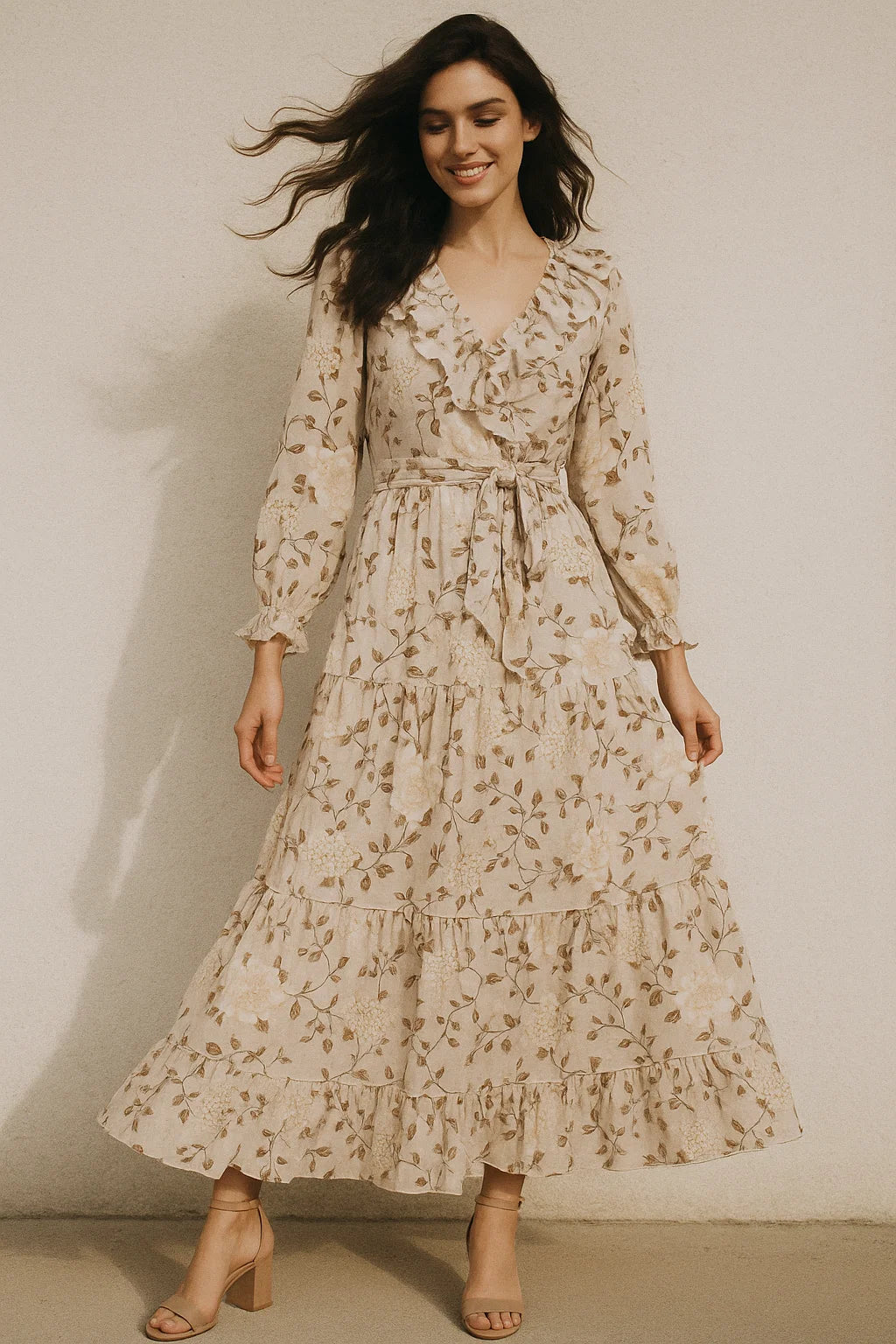 Grayish Orange Roses With Brown Valley Digital Printed Fabric - Muslin