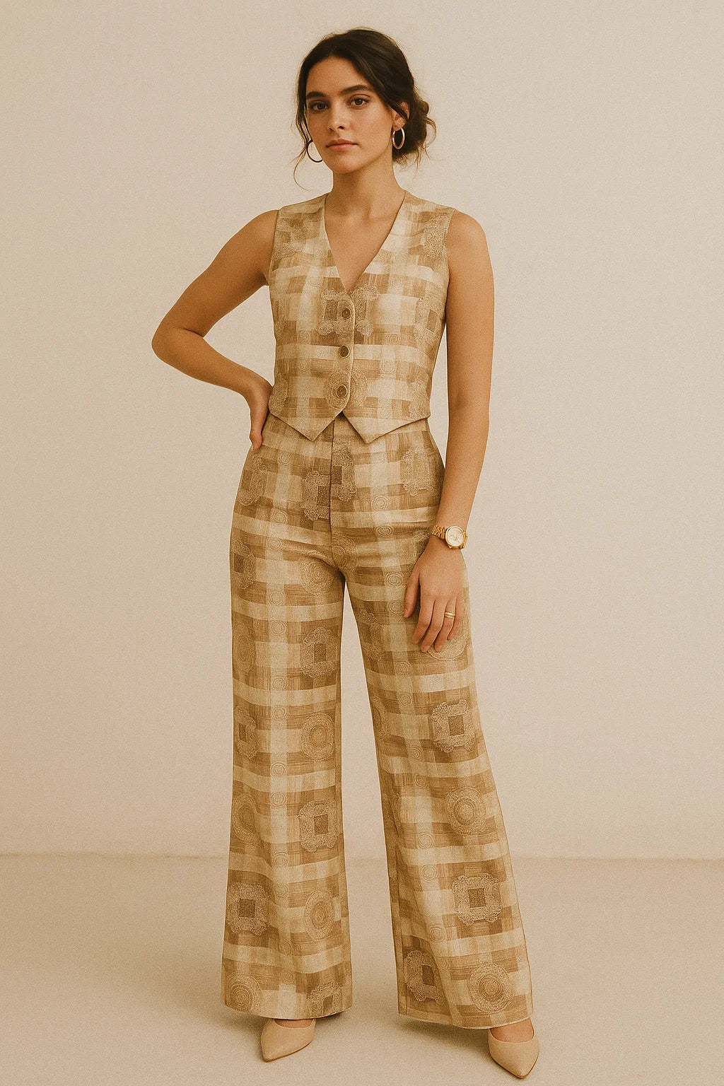 Checkered Pattern With Decorative Motifs Digital Printed Fabric - Muslin