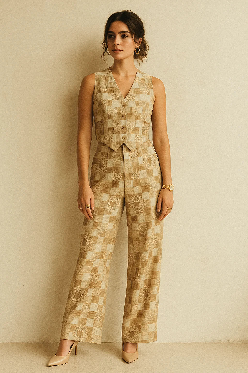 Checkered Pattern With Decorative Motifs Digital Printed Fabric - Muslin