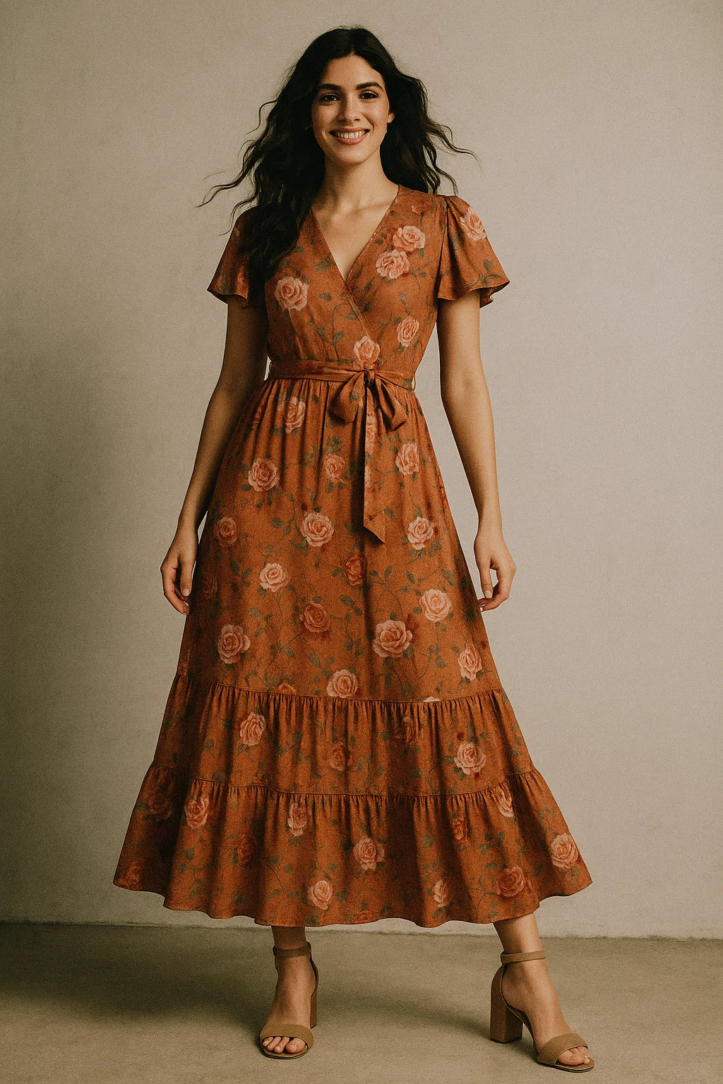 Oil Painted Flowers On Brown Digital Printed Fabric - Muslin