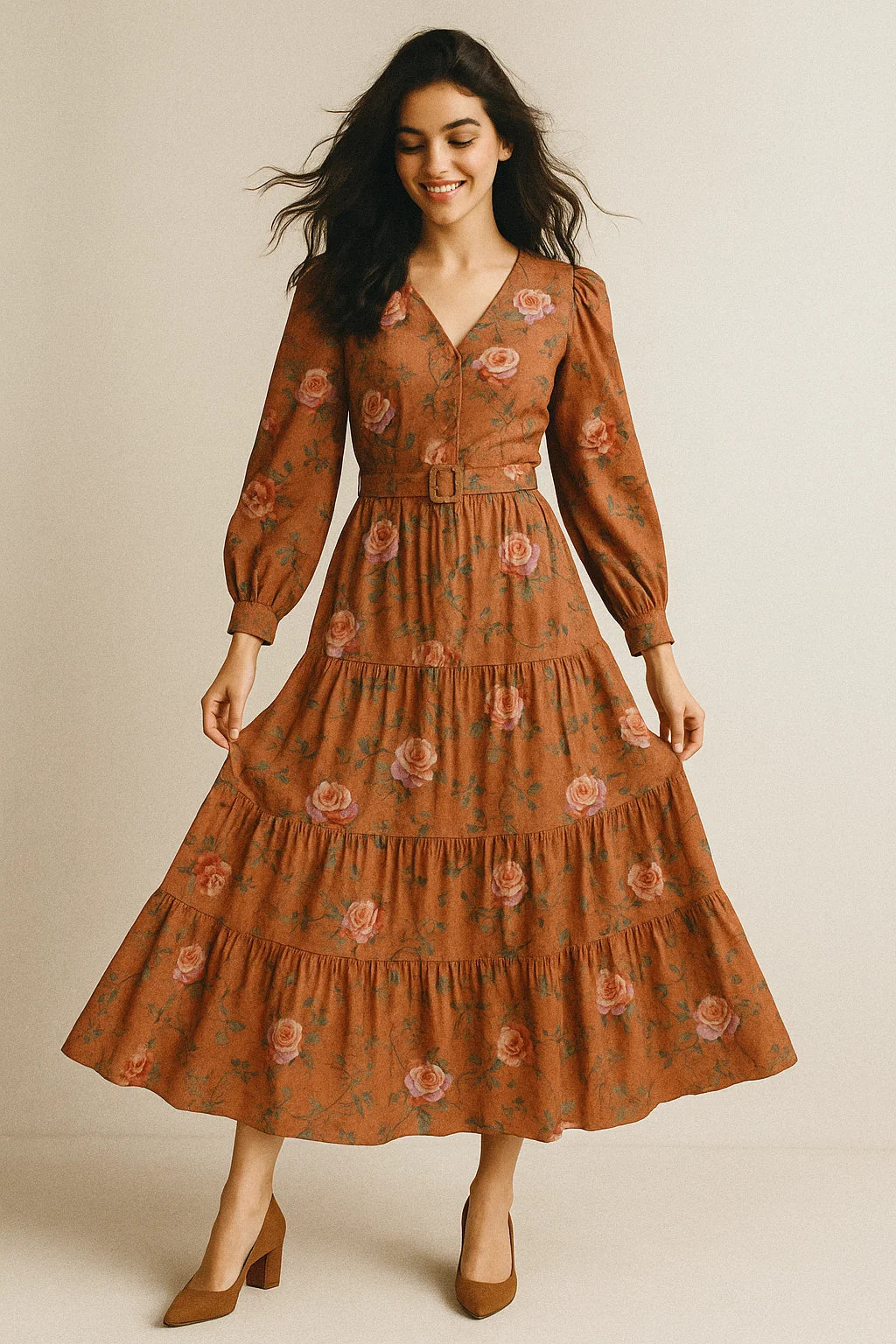 Oil Painted Flowers On Brown Digital Printed Fabric - Muslin