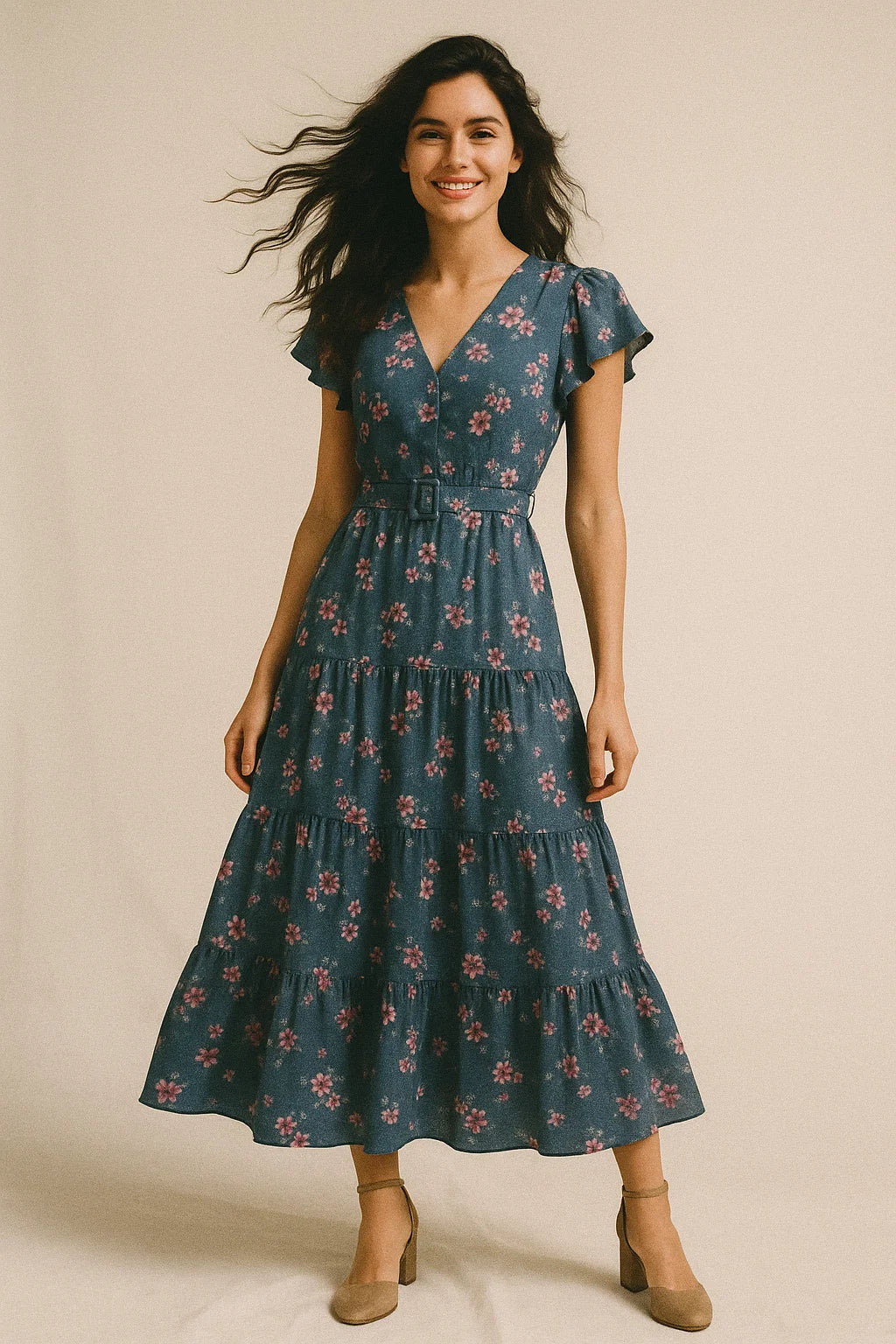 Pinkish Flowers With Neavy Blue Digital Printed Fabric - Muslin