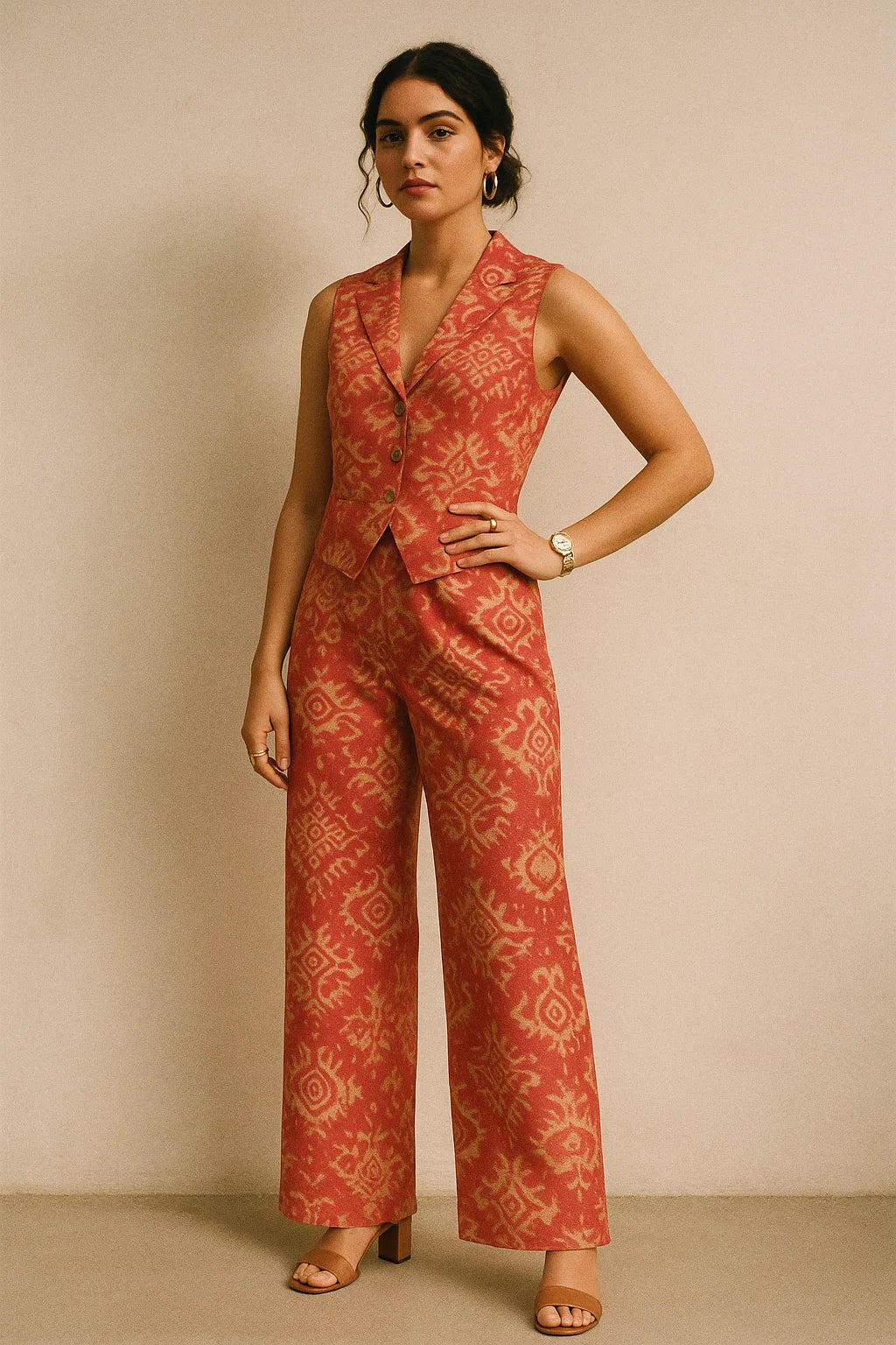 Tribal Prints On Carrot Red Digital Printed Fabric  - Muslin