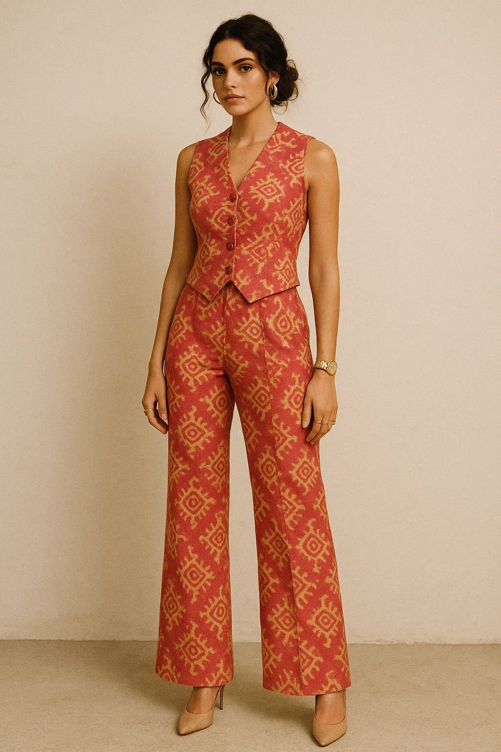 Tribal Prints On Carrot Red Digital Printed Fabric  - Muslin