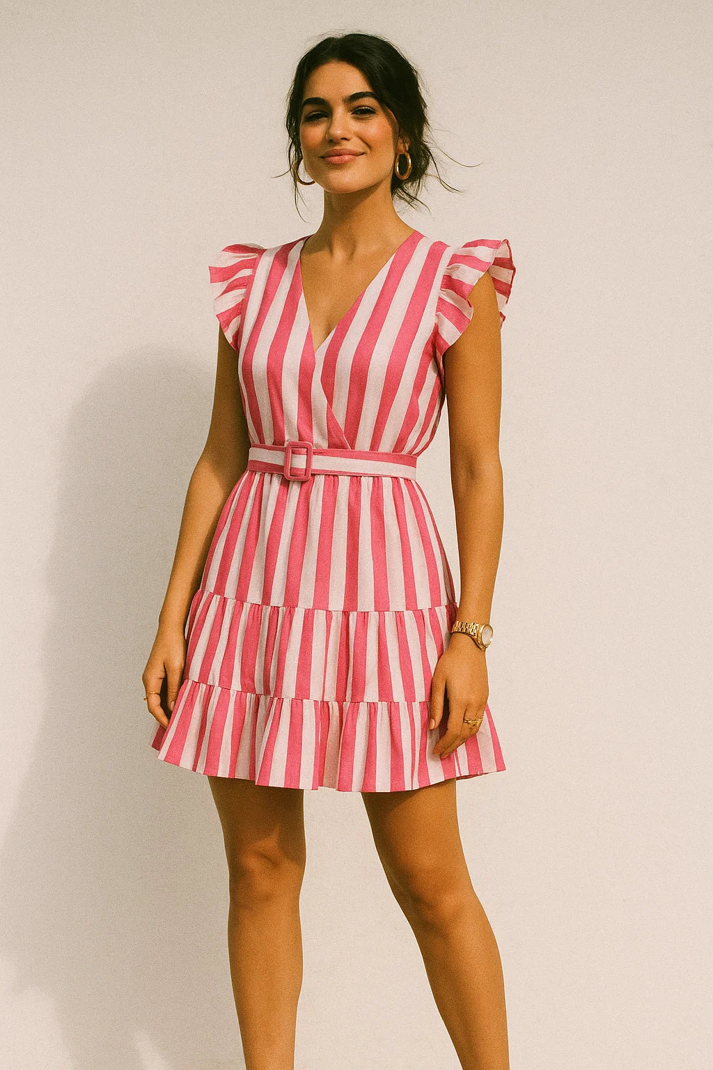 Pink And Offwhite Stripe Combo Digital Printed Fabric  - Muslin