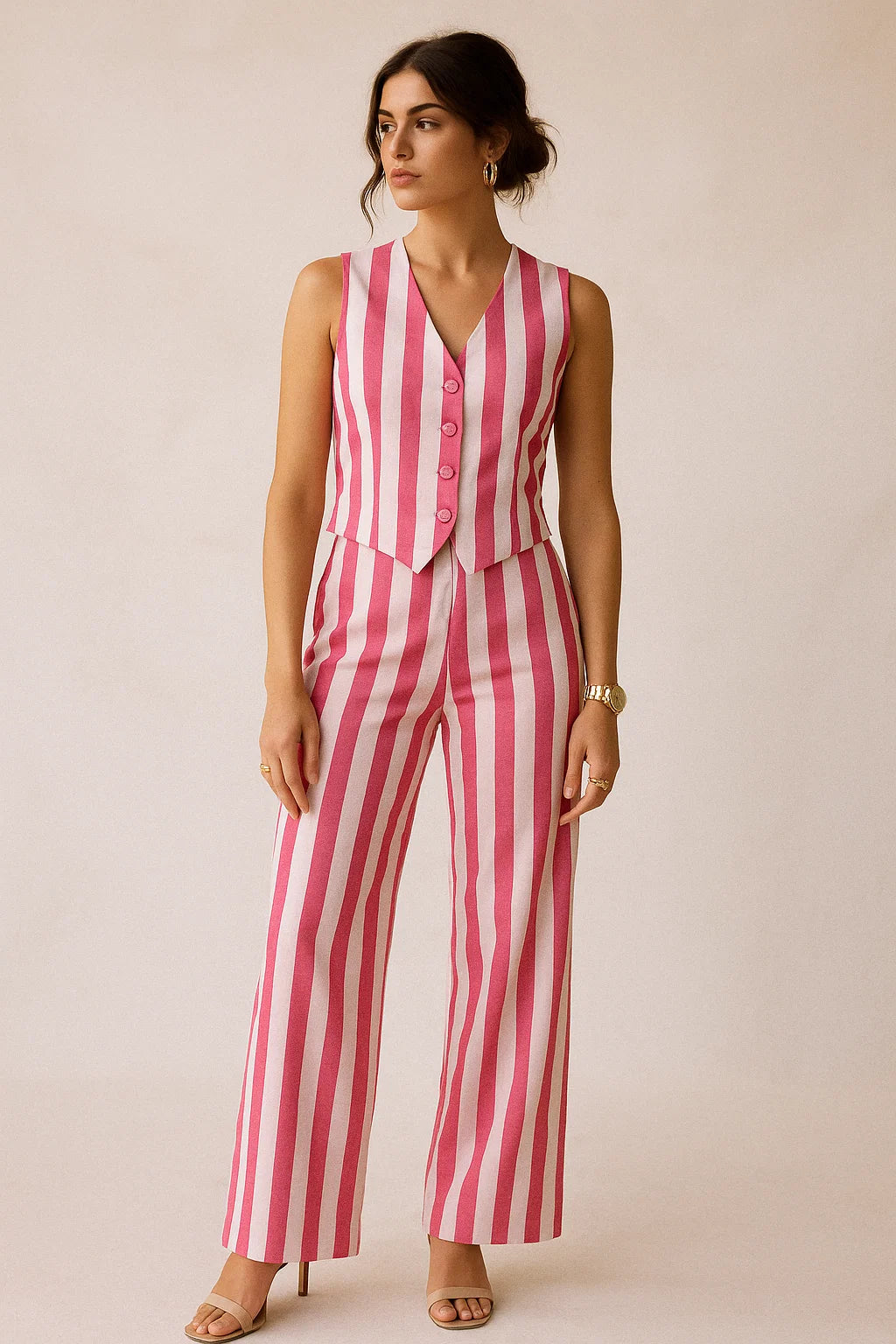 Pink And Offwhite Stripe Combo Digital Printed Fabric  - Muslin