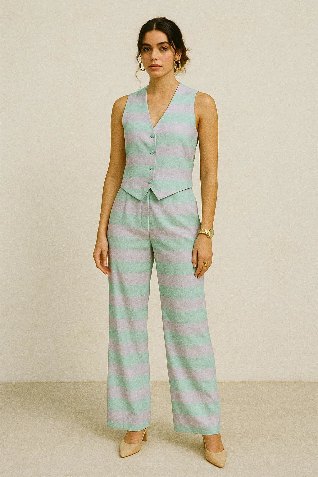 Green And Violet Stripes Digital Printed Fabric  - Muslin