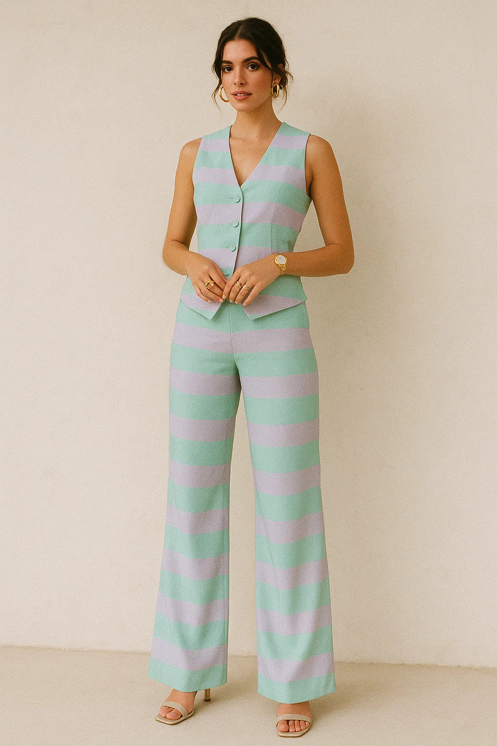 Green And Violet Stripes Digital Printed Fabric  - Muslin