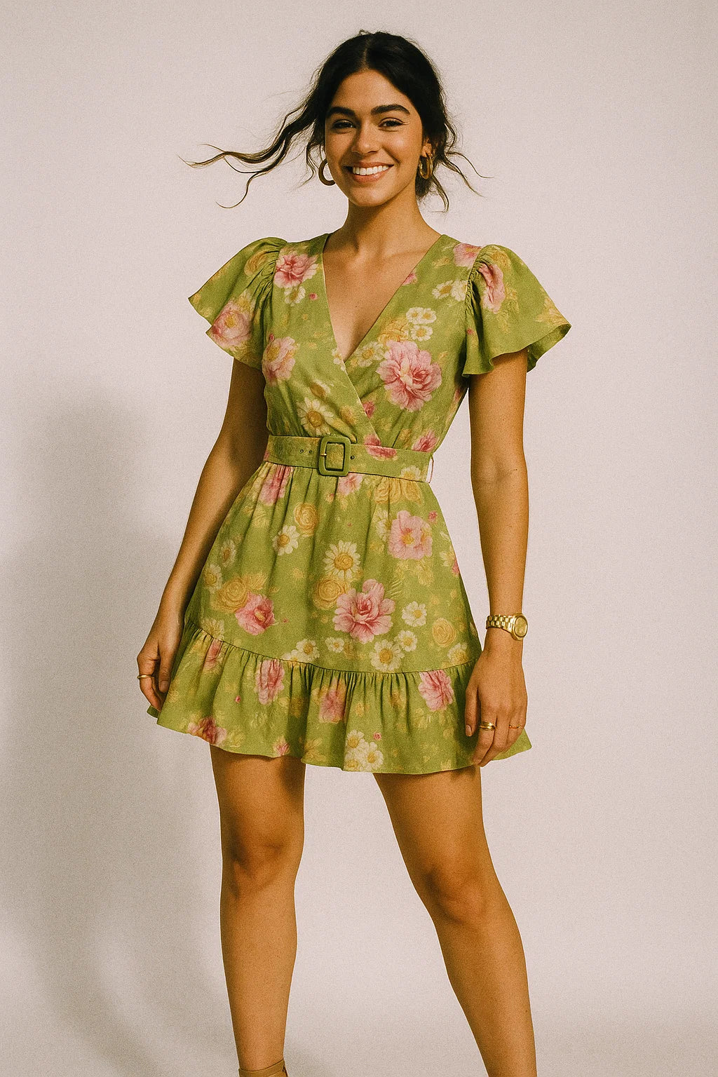 Pink Rose On Green Palate Digital Printed Fabric  - Muslin