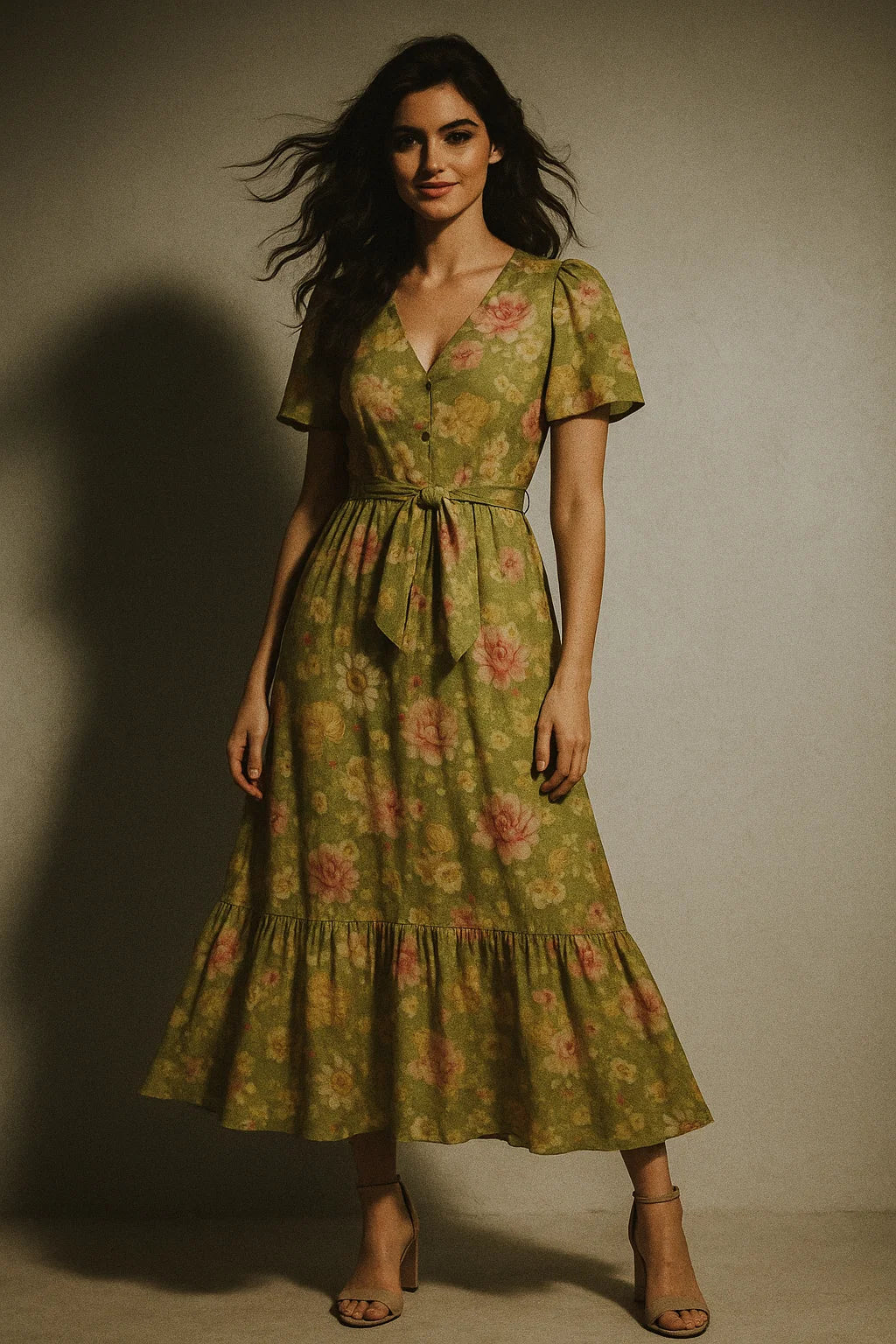 Pink Rose On Green Palate Digital Printed Fabric  - Muslin