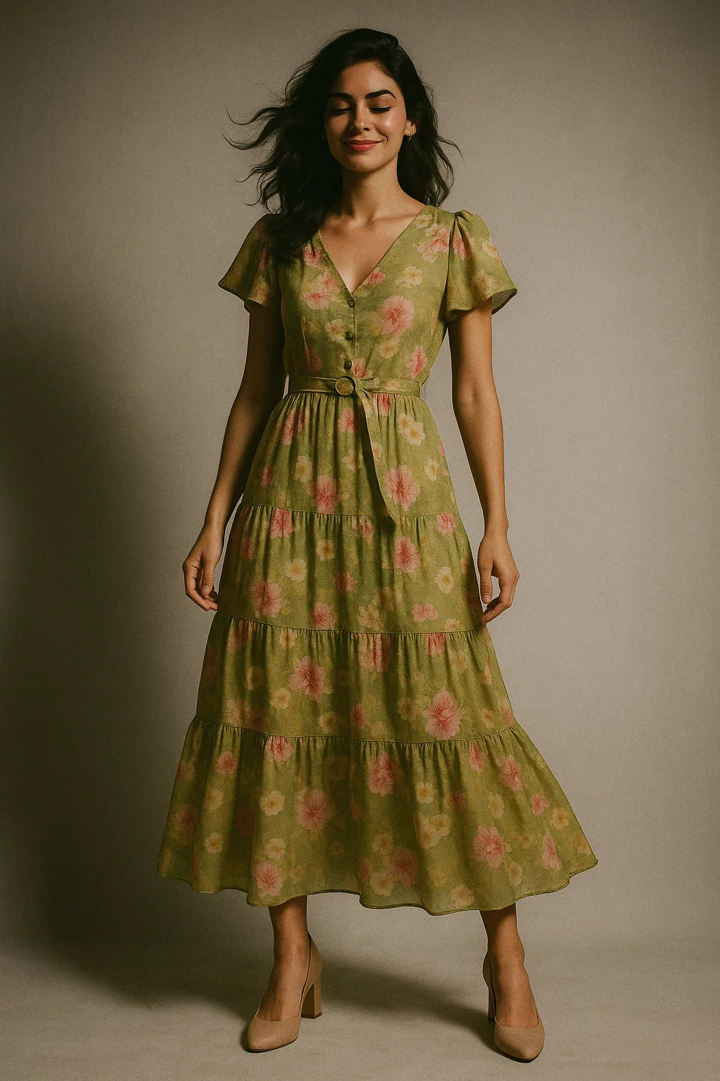 Pink Rose On Green Palate Digital Printed Fabric  - Muslin