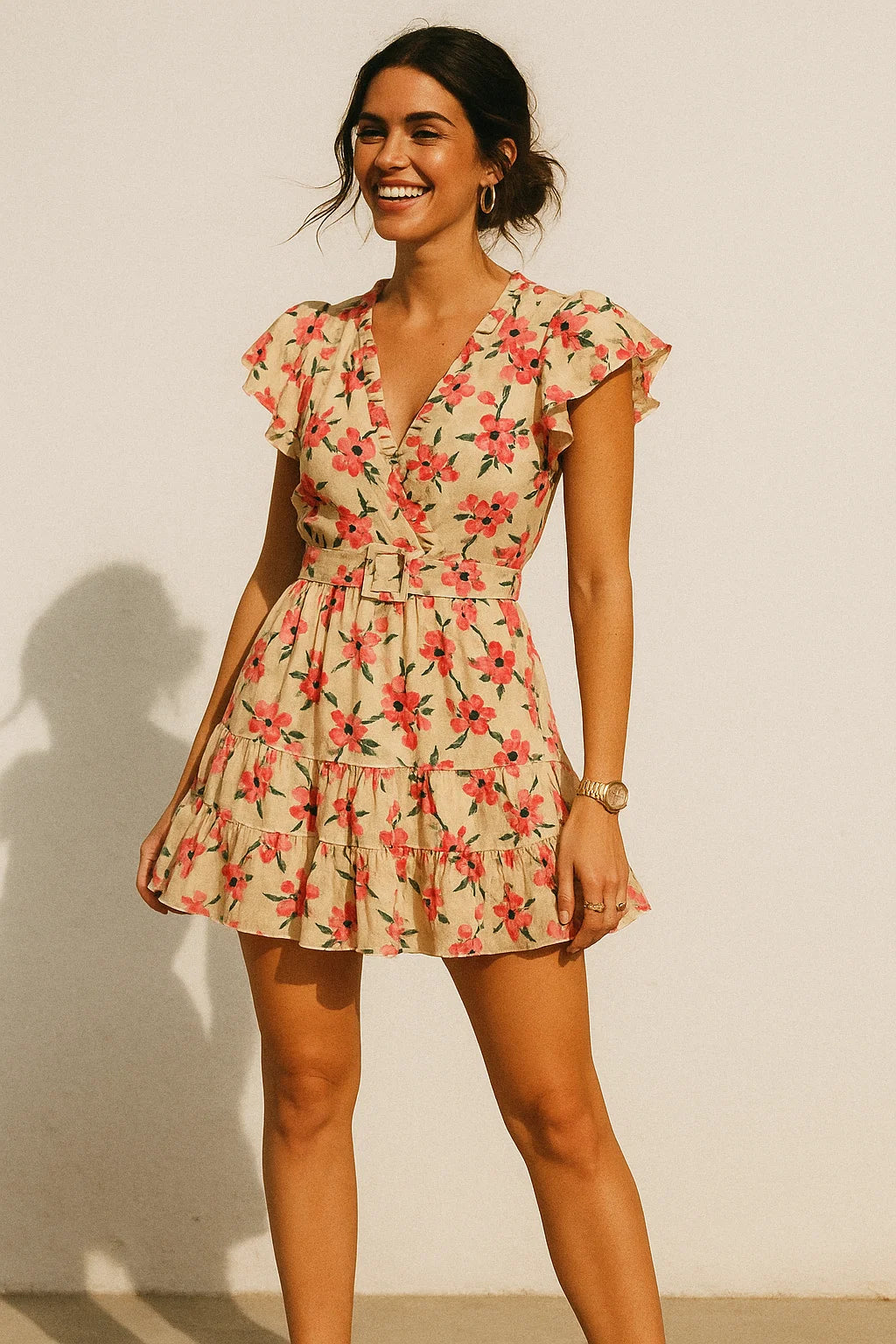 Cherry Red Flower With Branch Digital Printed Fabric  - Muslin