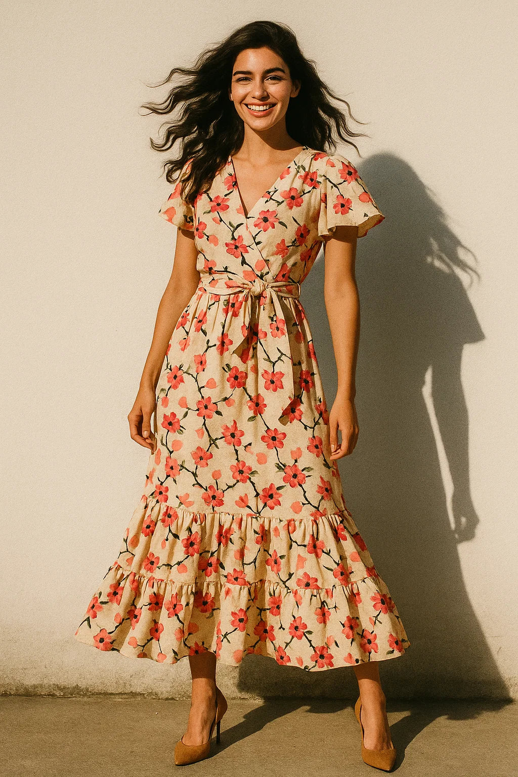 Cherry Red Flower With Branch Digital Printed Fabric  - Muslin