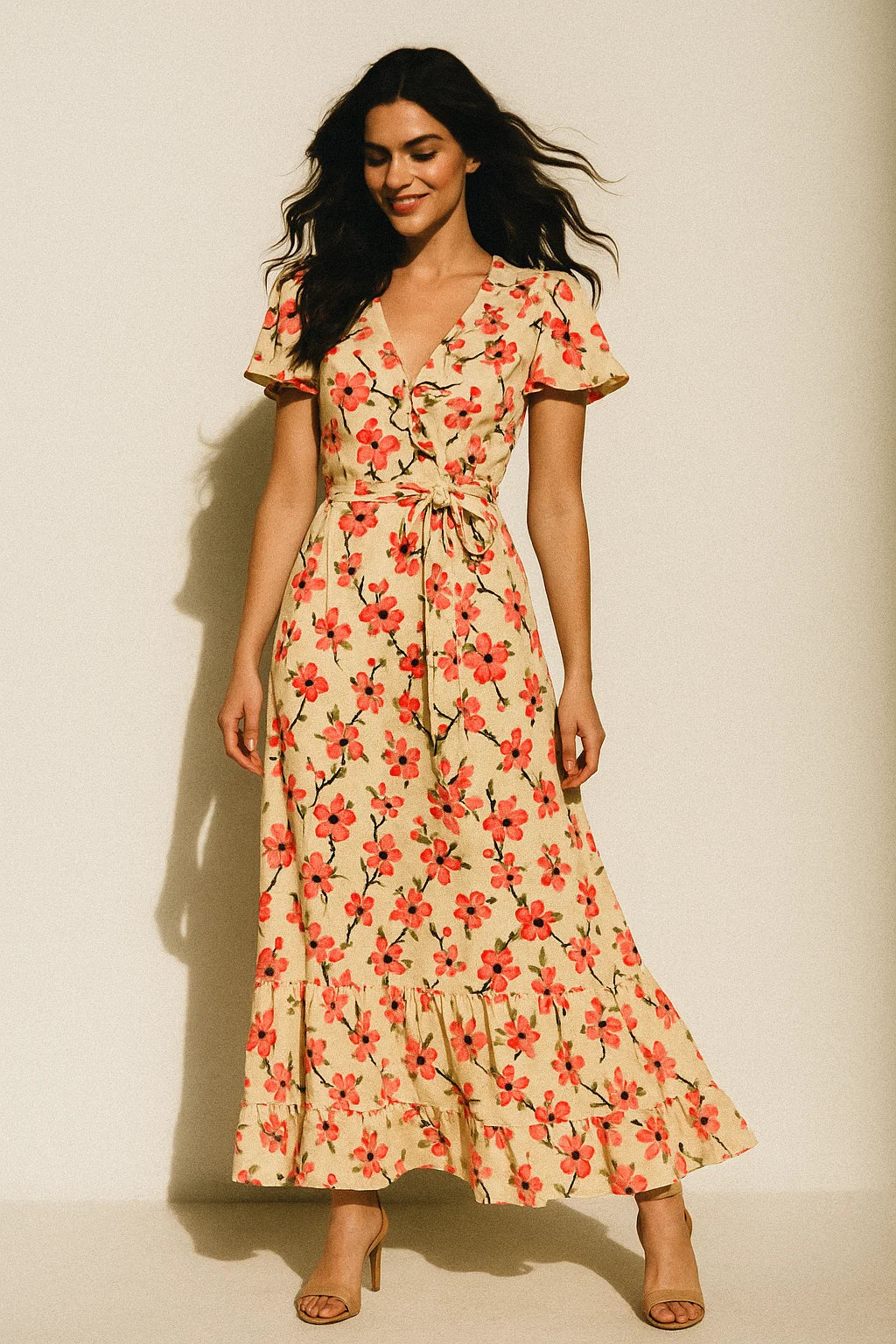 Cherry Red Flower With Branch Digital Printed Fabric  - Muslin