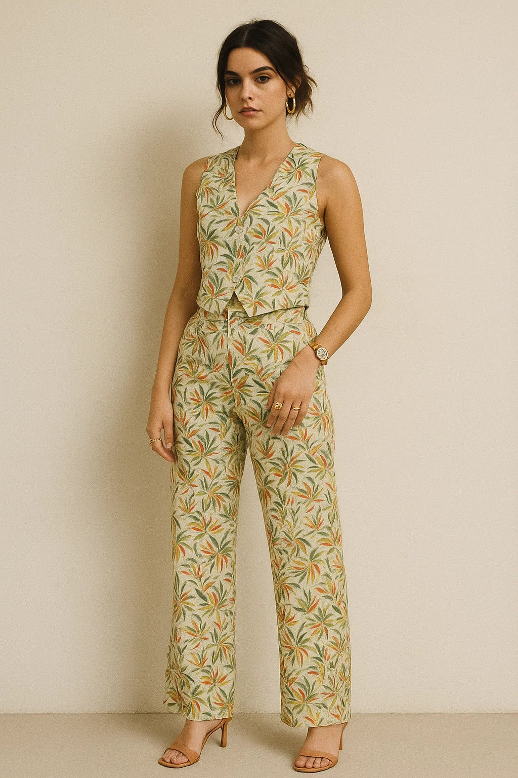 Hand Painted Leaves Allover Digital Printed Fabric  - Muslin