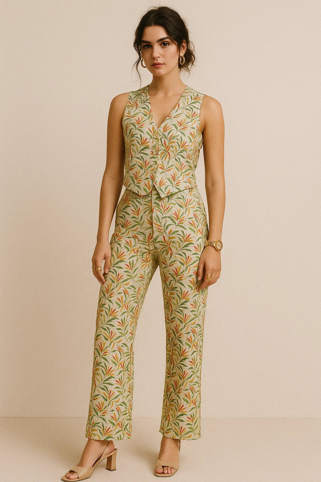 Hand Painted Leaves Allover Digital Printed Fabric  - Muslin