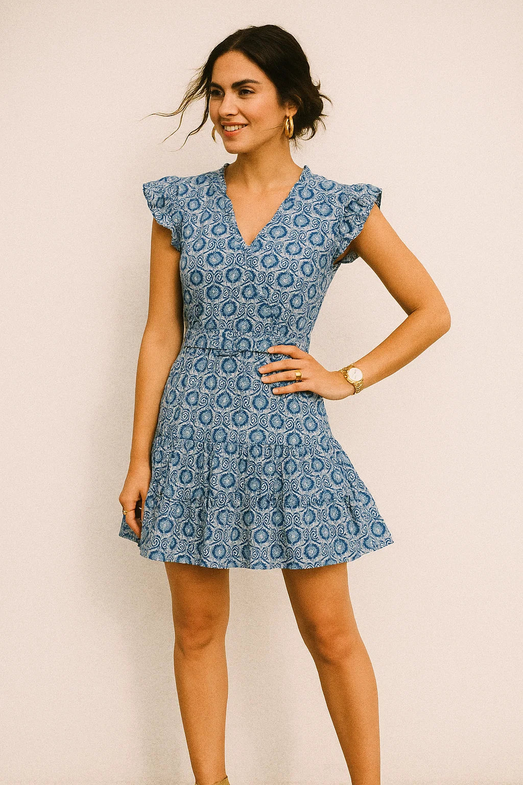 Tiny Blue Motif Allover Digital Printed Fabric - Muslin