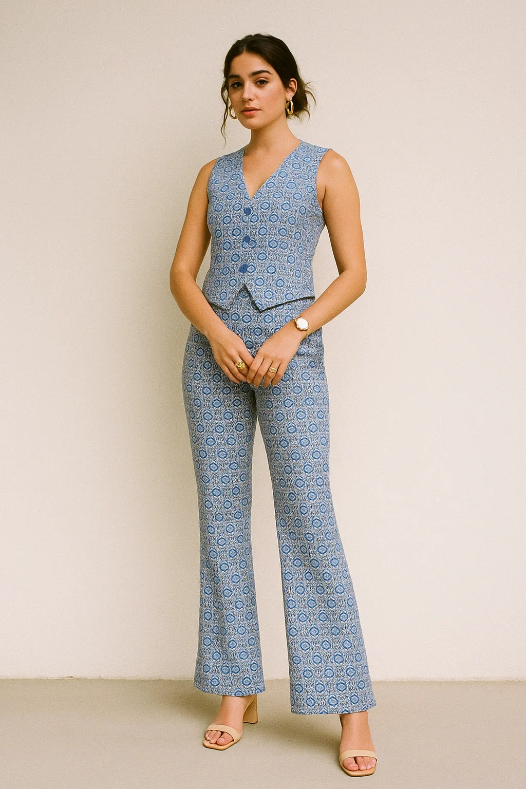 Tiny Blue Motif Allover Digital Printed Fabric - Muslin