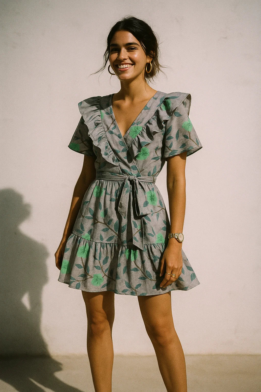 Green Flower And Brach Digital Printed Fabric - Muslin