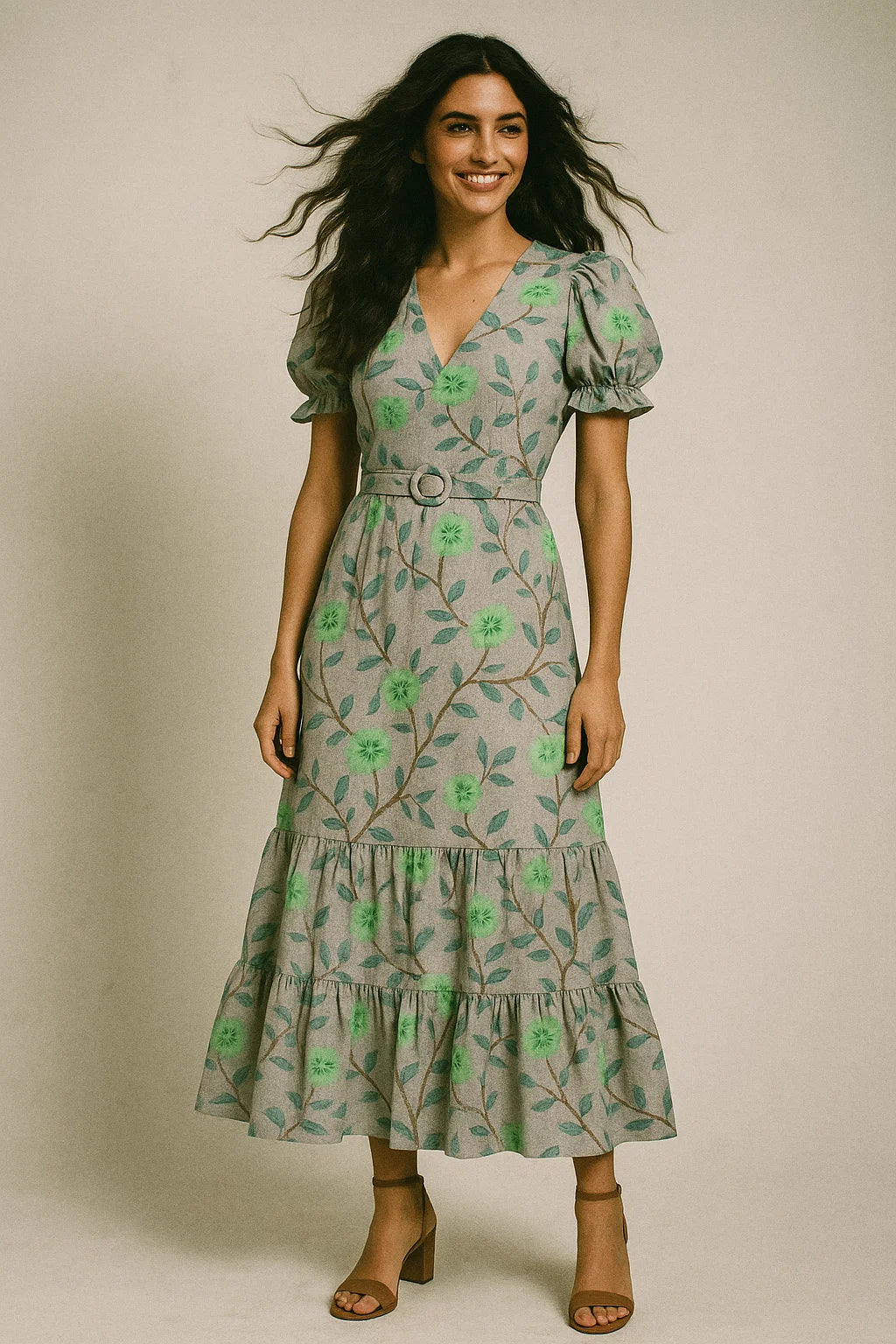 Green Flower And Brach Digital Printed Fabric - Muslin