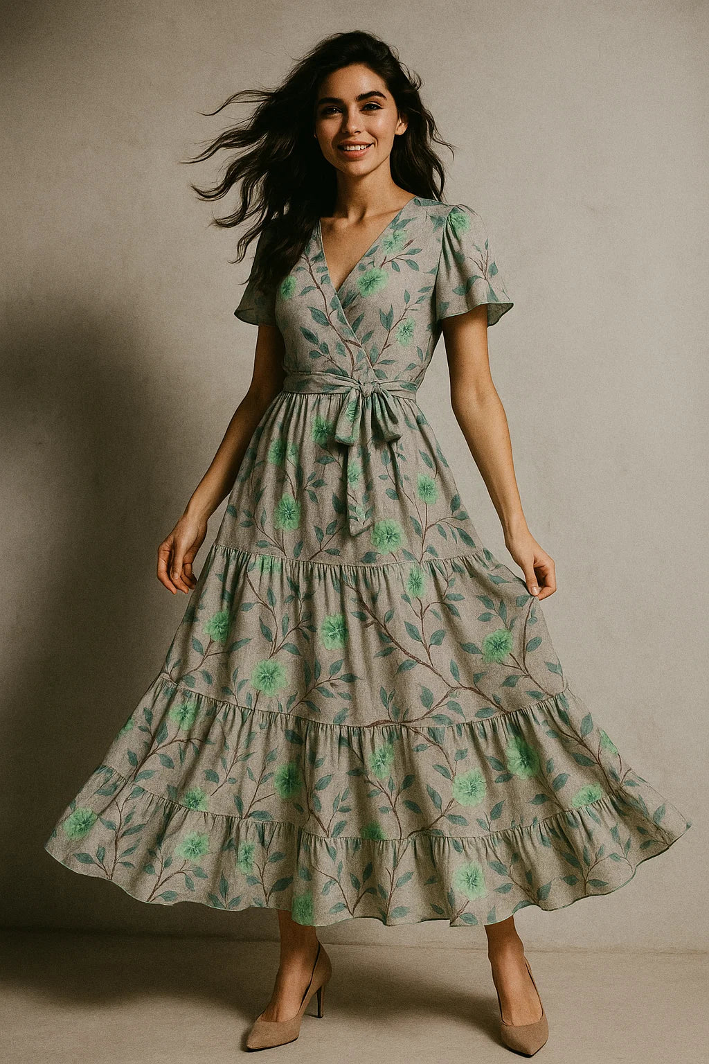 Green Flower And Brach Digital Printed Fabric - Muslin