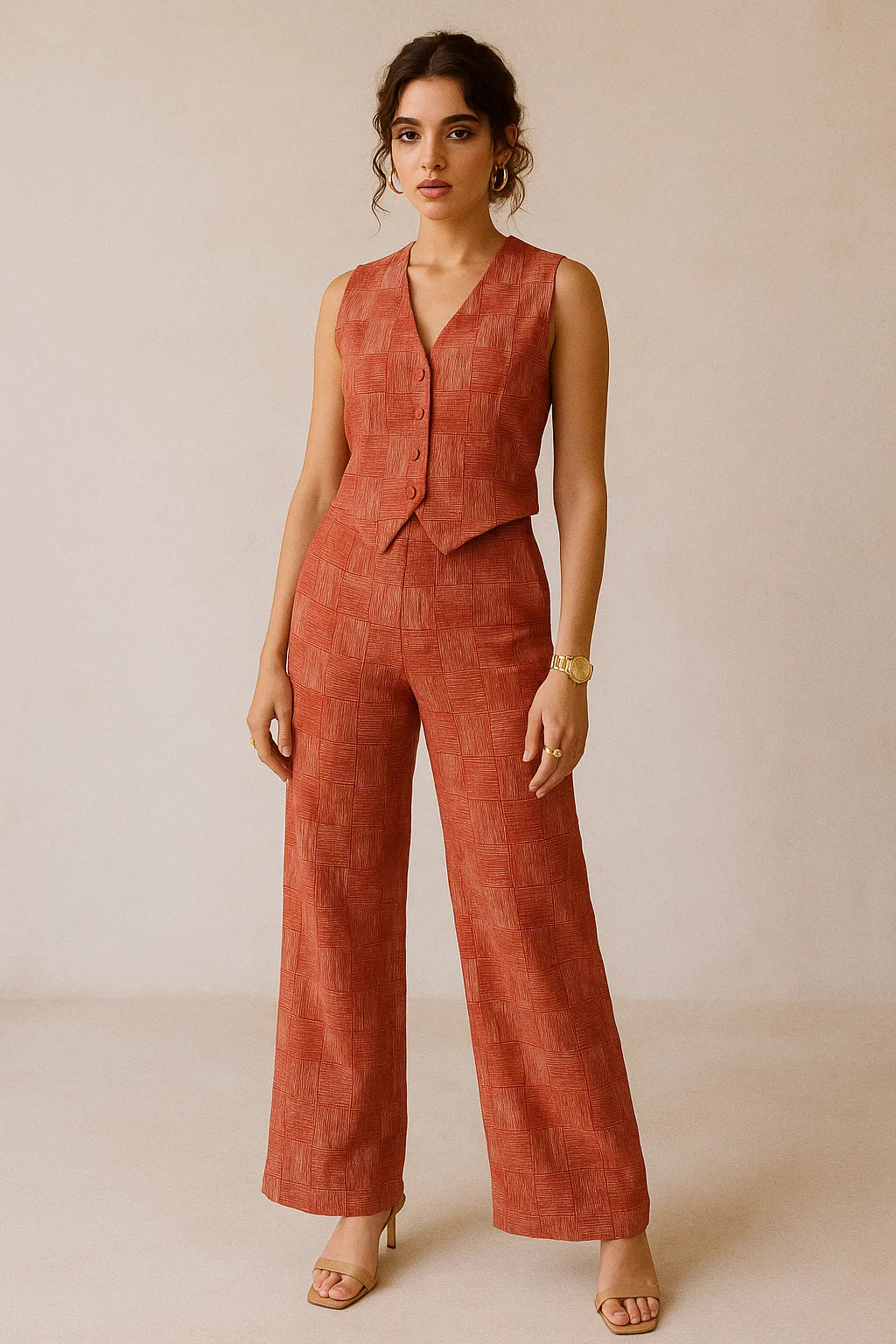 Checkes Textured Red And White Digital Printed Fabric - Muslin