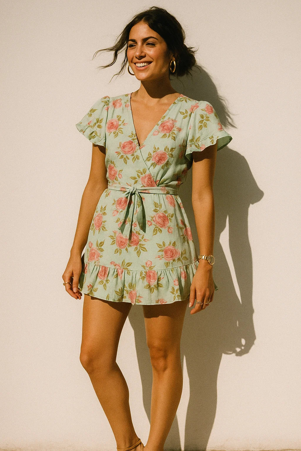 Red Rose Laying on Pista Base Digital Printed Fabric